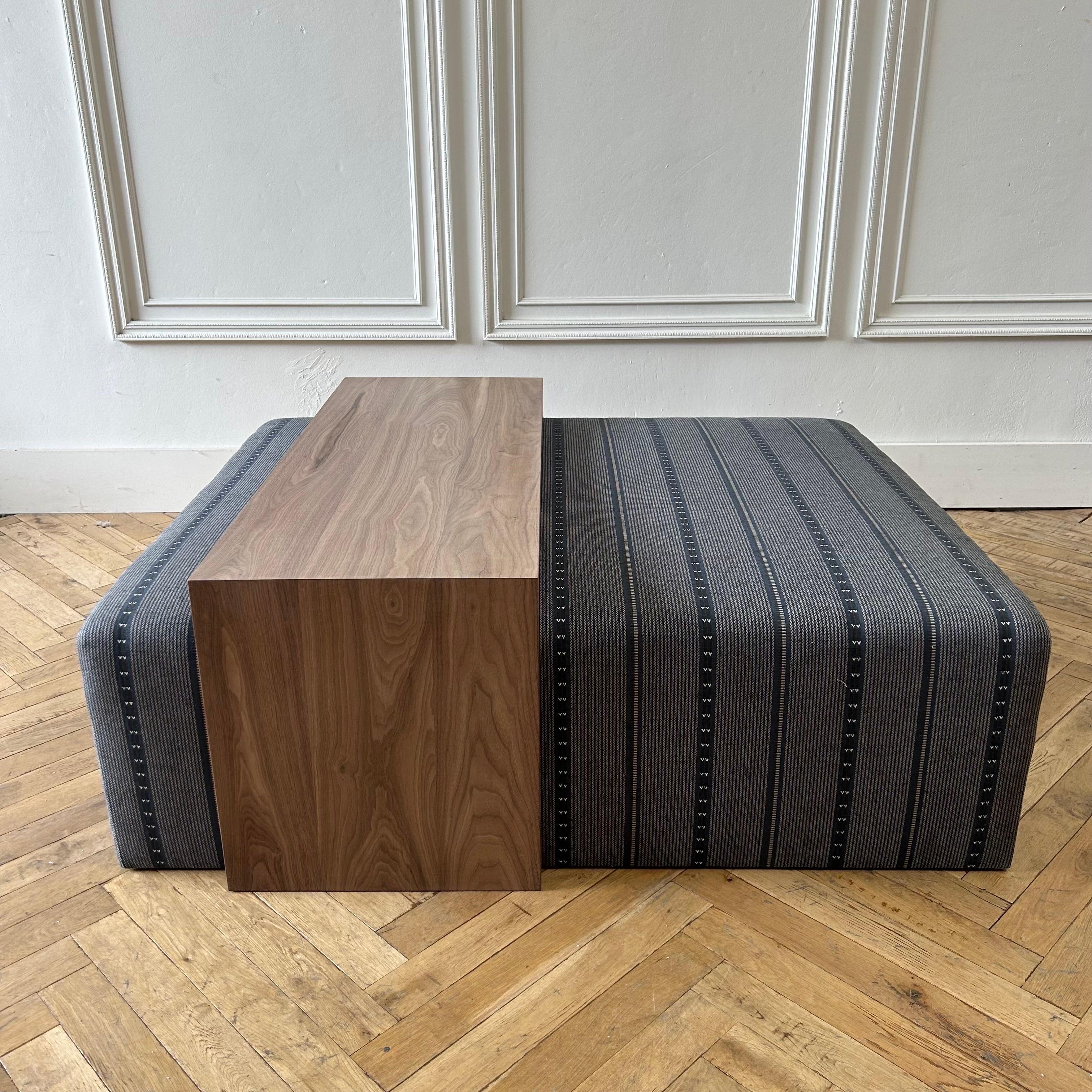 Custom Made Wool and Jute Cube Ottoman with Walnut Waterfall Style Table For Sale 10