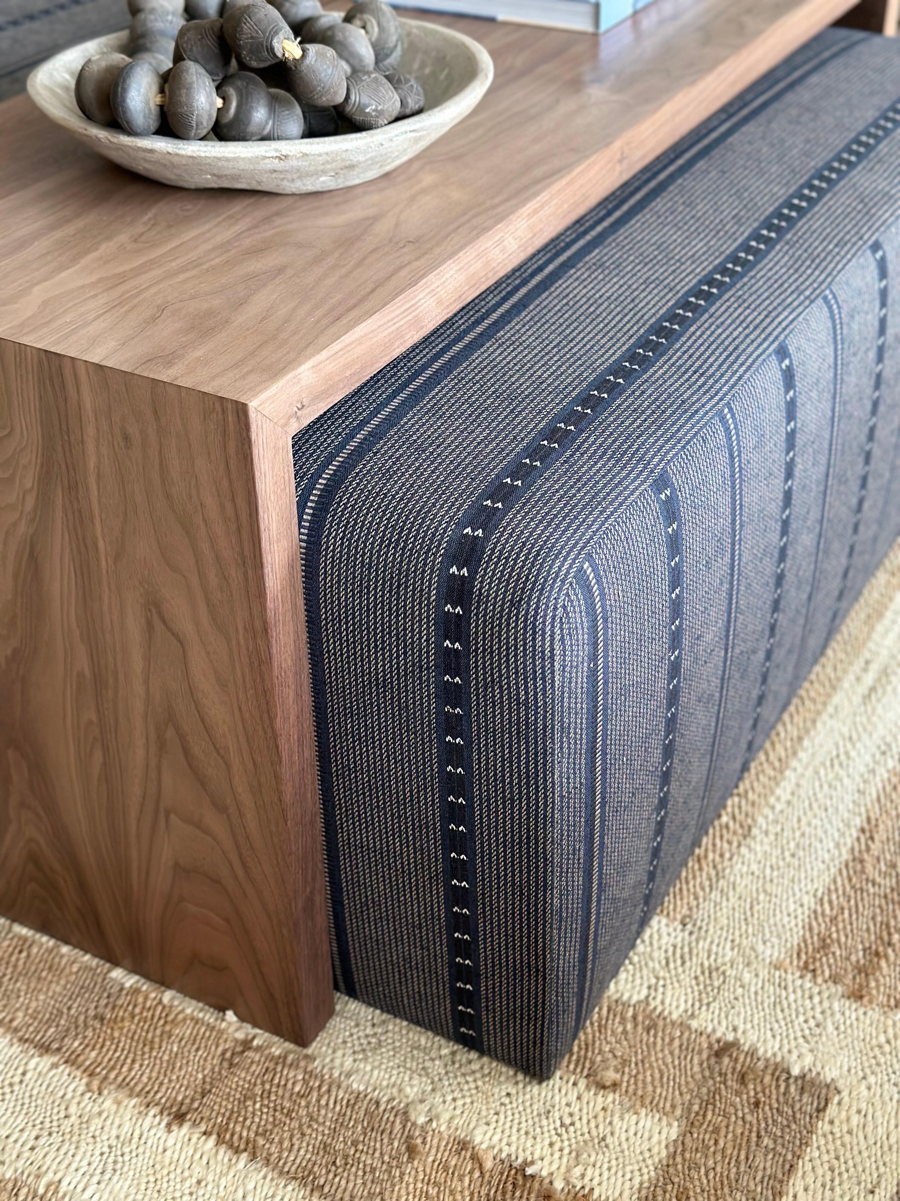 Custom Made Wool and Jute Cube Ottoman with Walnut Waterfall Style Table For Sale 12