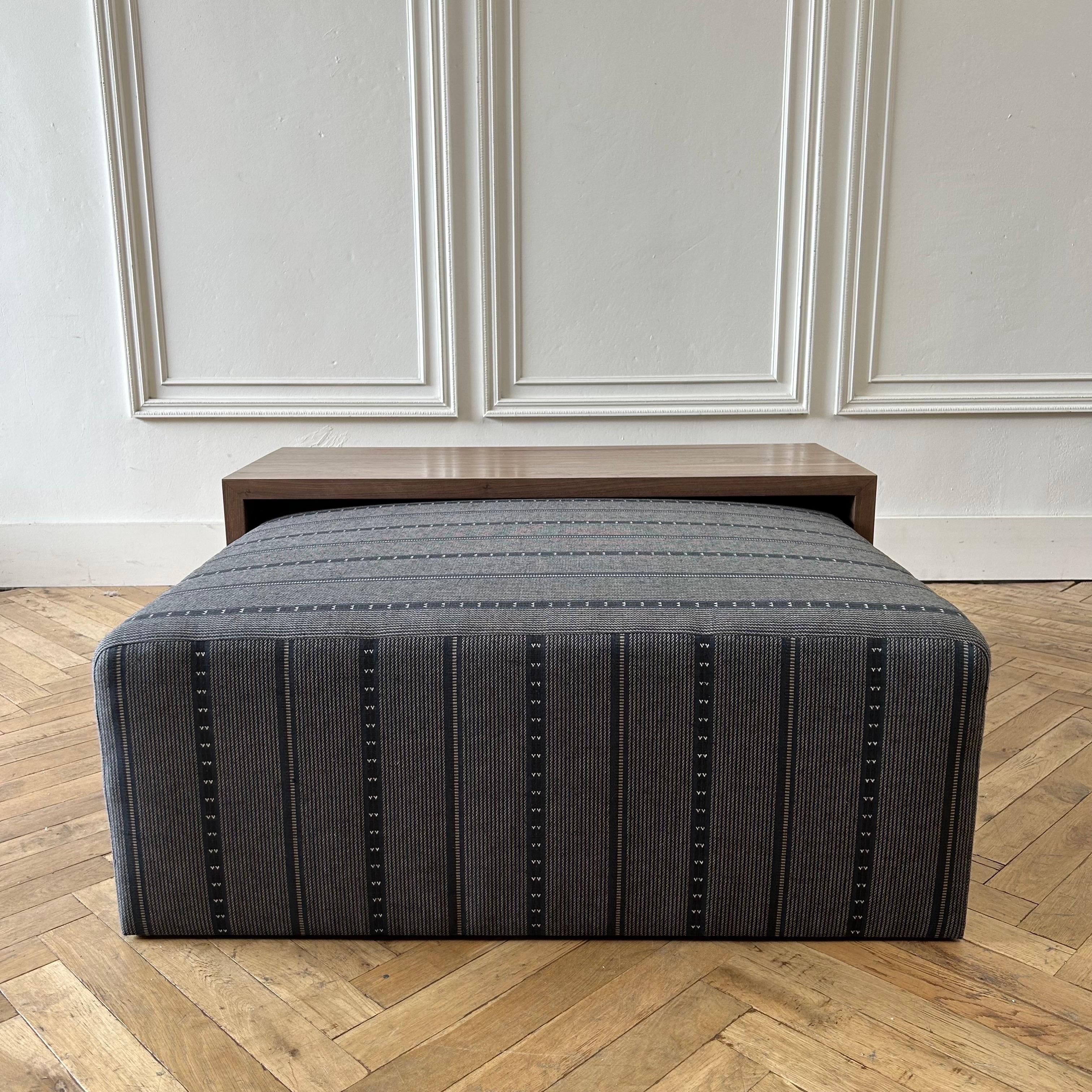 Contemporary Custom Made Wool and Jute Cube Ottoman with Walnut Waterfall Style Table For Sale