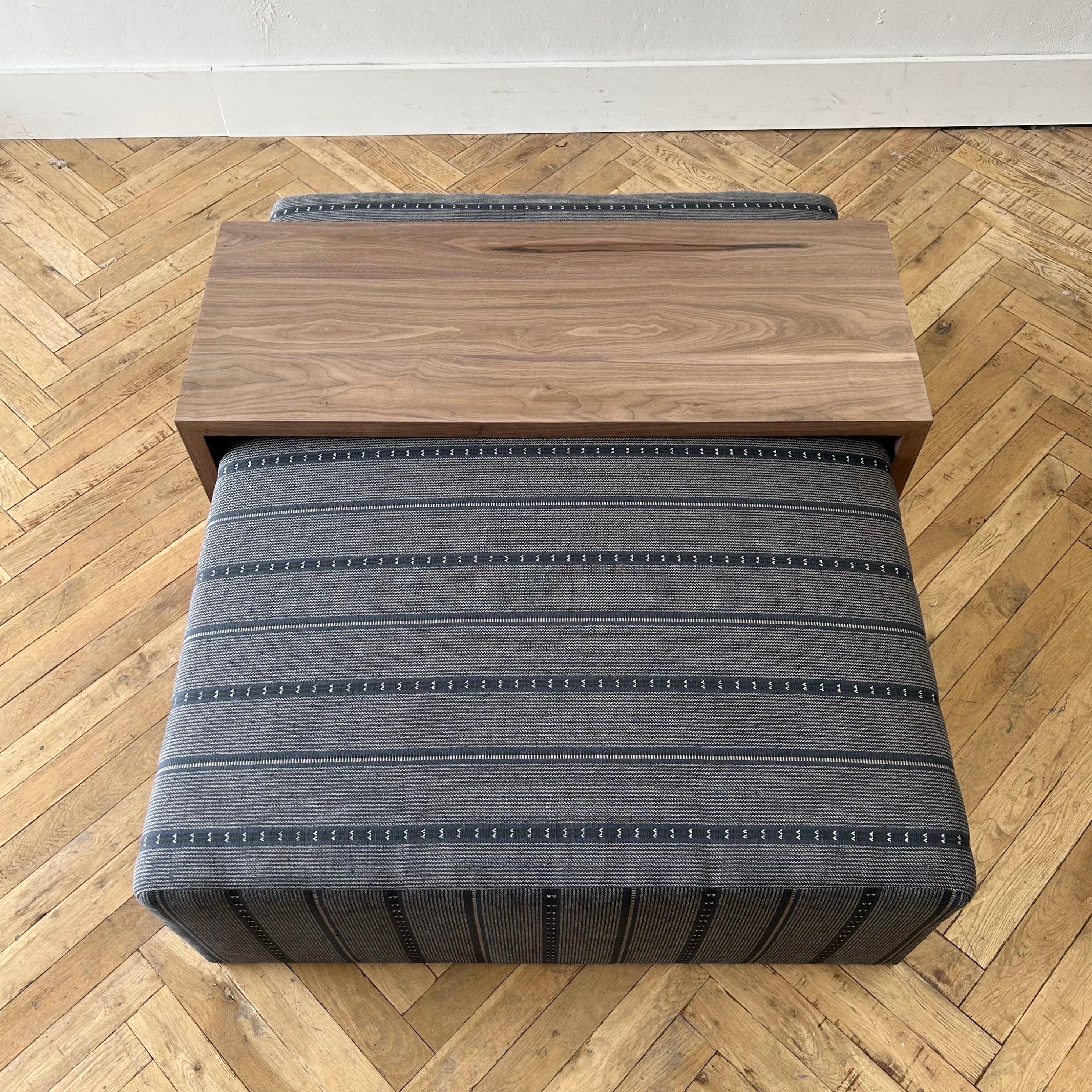 Custom Made Wool and Jute Cube Ottoman with Walnut Waterfall Style Table For Sale 1