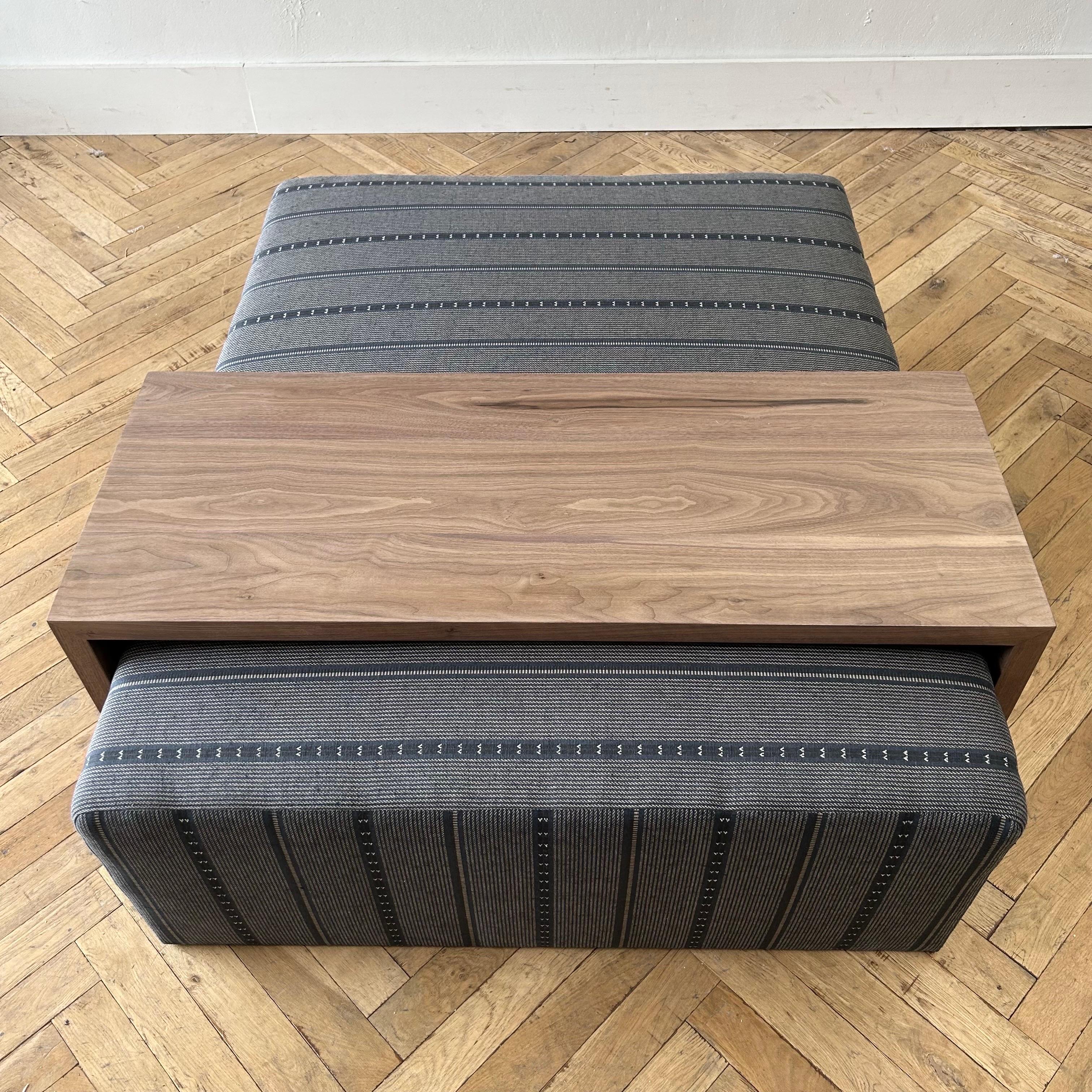 Custom Made Wool and Jute Cube Ottoman with Walnut Waterfall Style Table For Sale 2