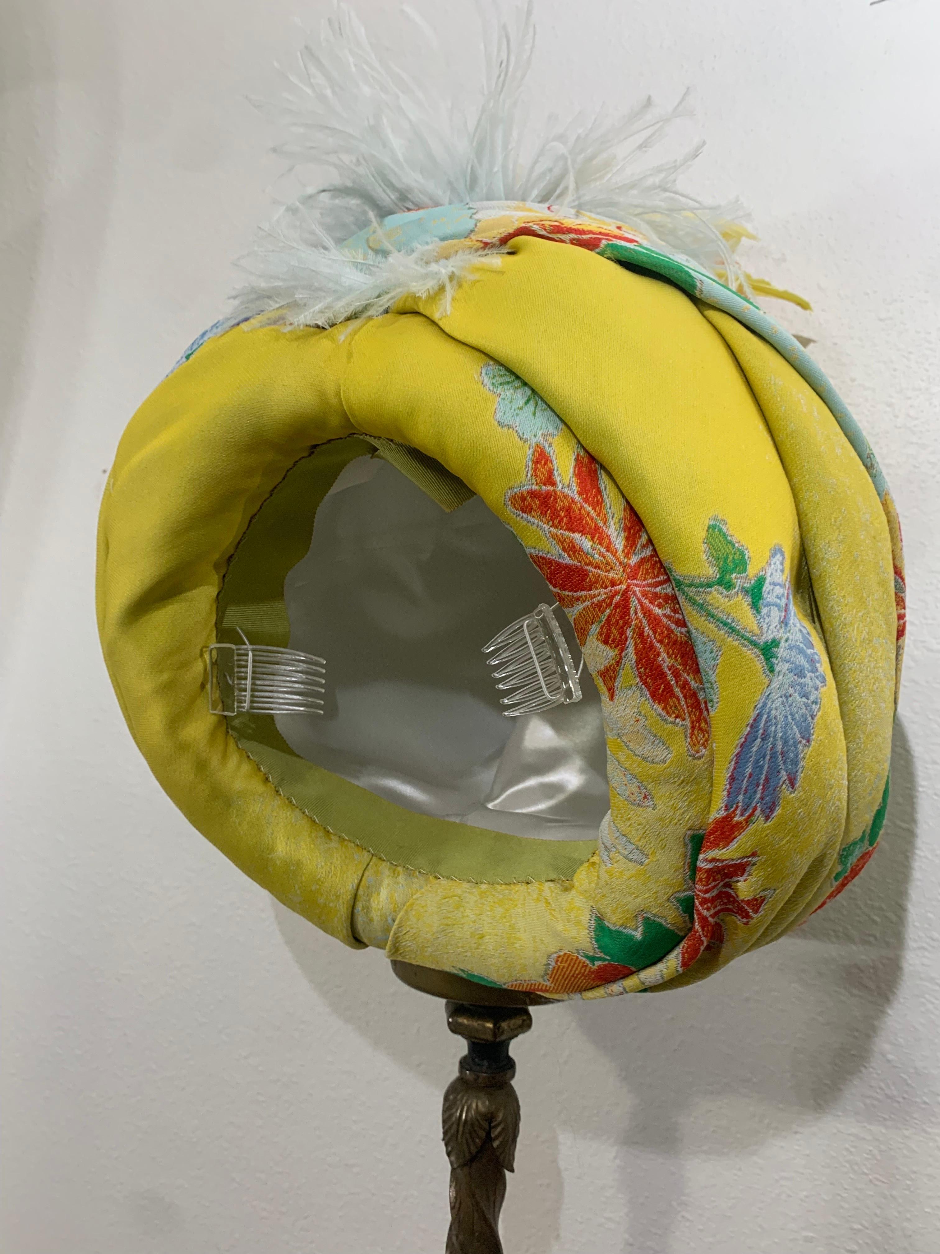 Custom-Made Wool Challis Turban in Chartreuse and Pastel Floral Print w Feathers For Sale 5