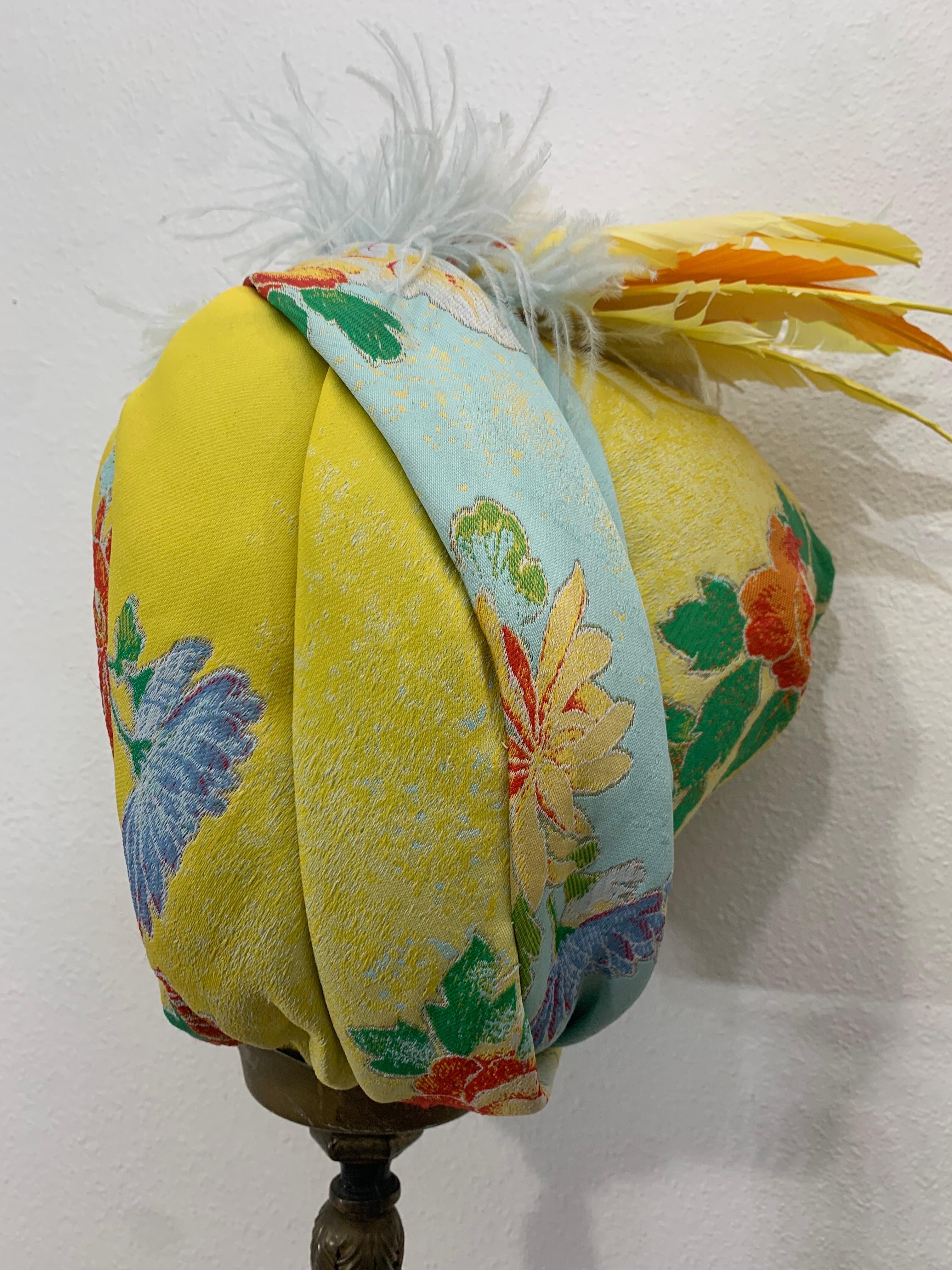 Custom-Made Wool Challis Turban in Chartreuse and Pastel Floral Print w Feathers For Sale 6