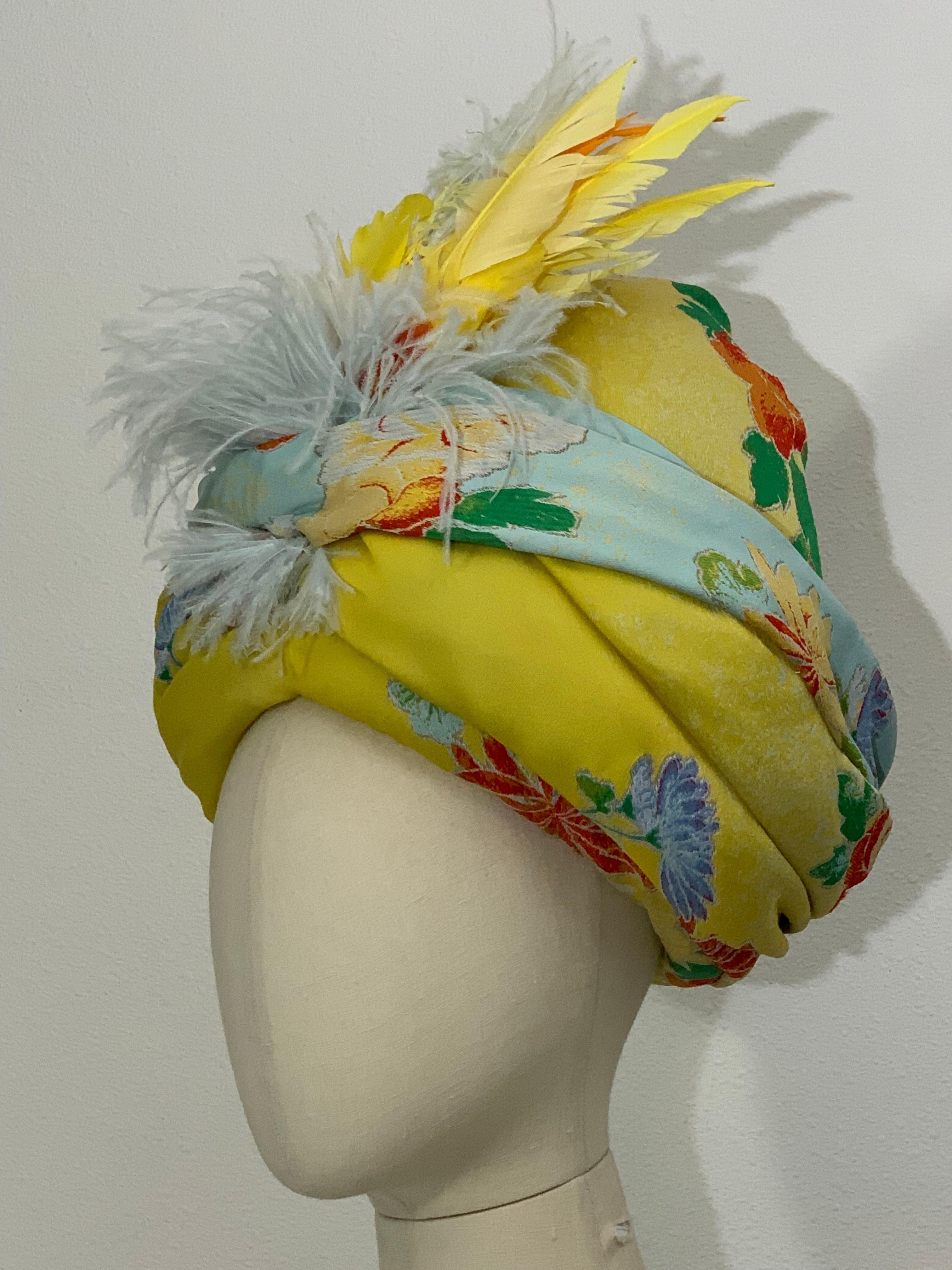 Custom-Made Wool Challis Turban in Chartreuse and Pastel Floral Print w Feathers: A charming spring-weight wool turban by Suzanne Couture Millinery, padded and draped in a sweet pastel floral print with coodinating dyed feathers at center front.