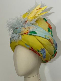 Custom-Made Wool Challis Turban in Chartreuse and Pastel Floral Print w Feathers