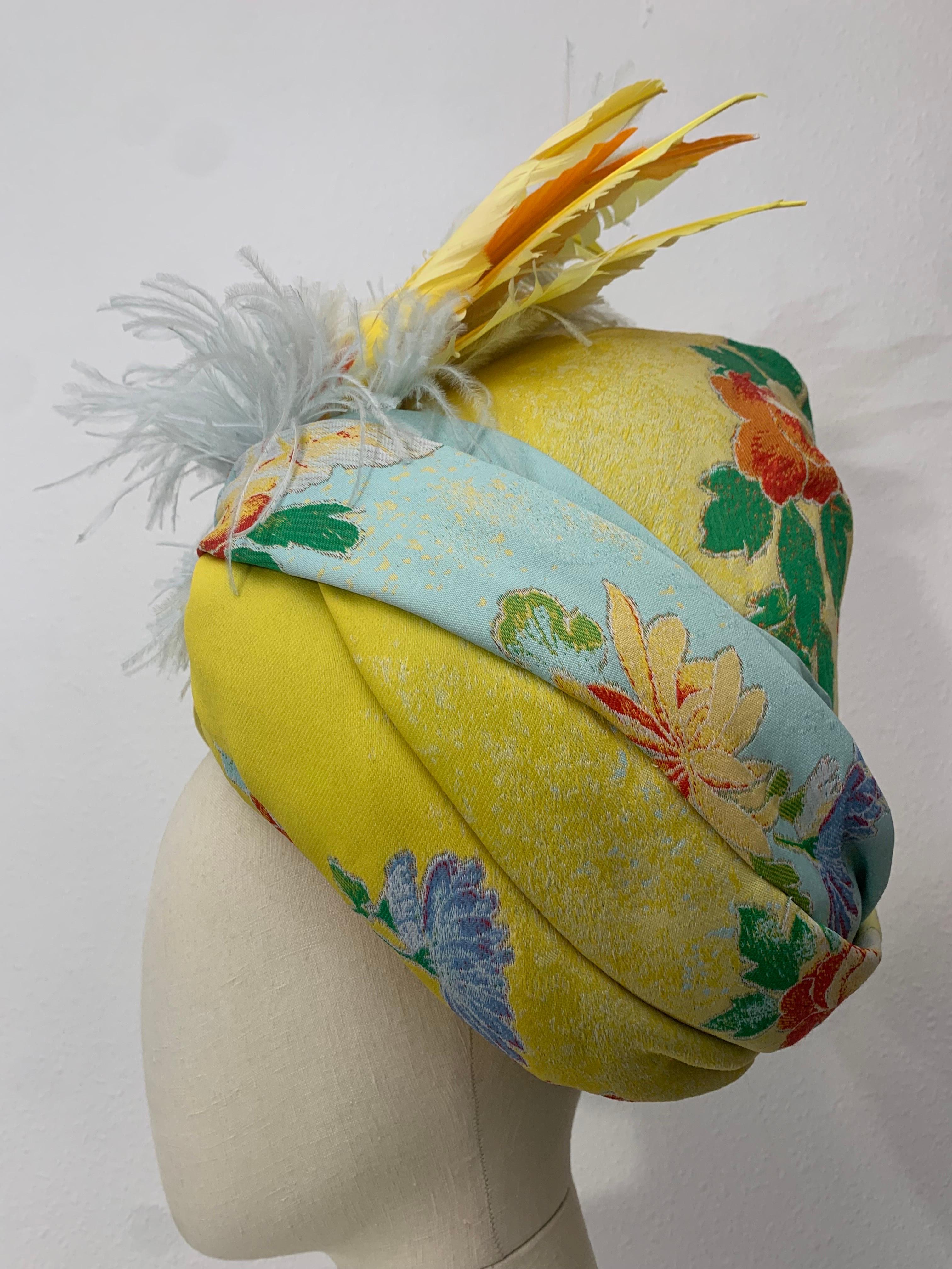 Brown Custom-Made Wool Challis Turban in Chartreuse and Pastel Floral Print w Feathers For Sale