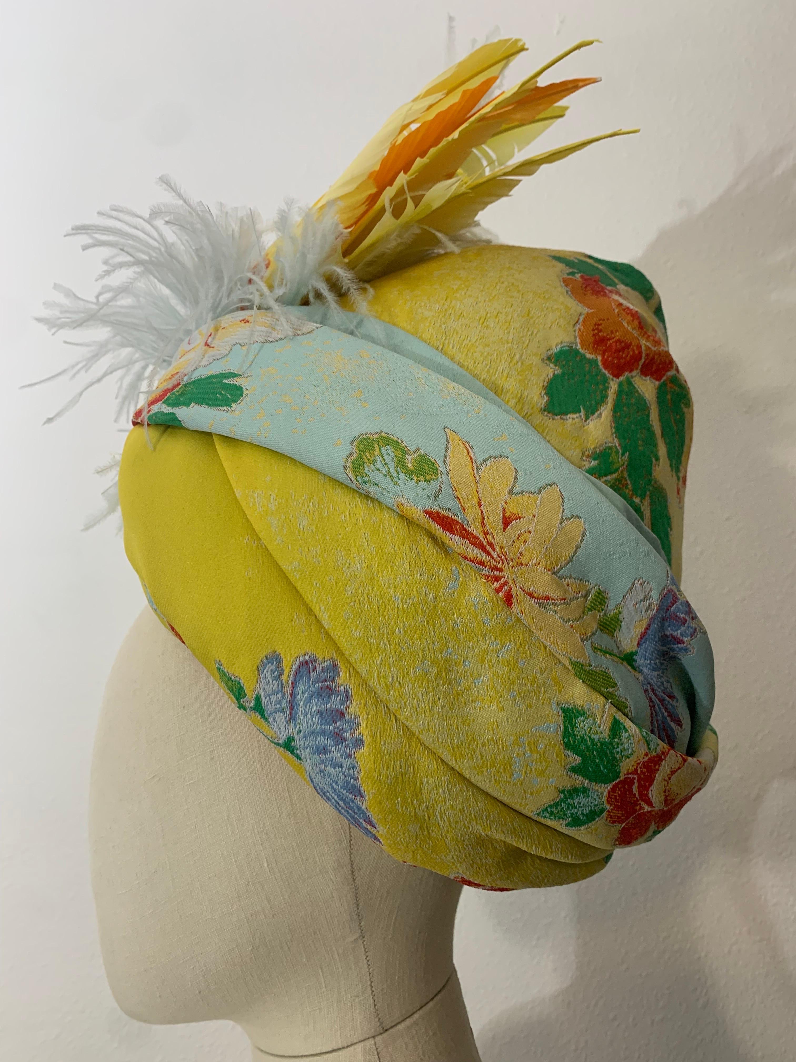 Custom-Made Wool Challis Turban in Chartreuse and Pastel Floral Print w Feathers In Excellent Condition For Sale In Gresham, OR