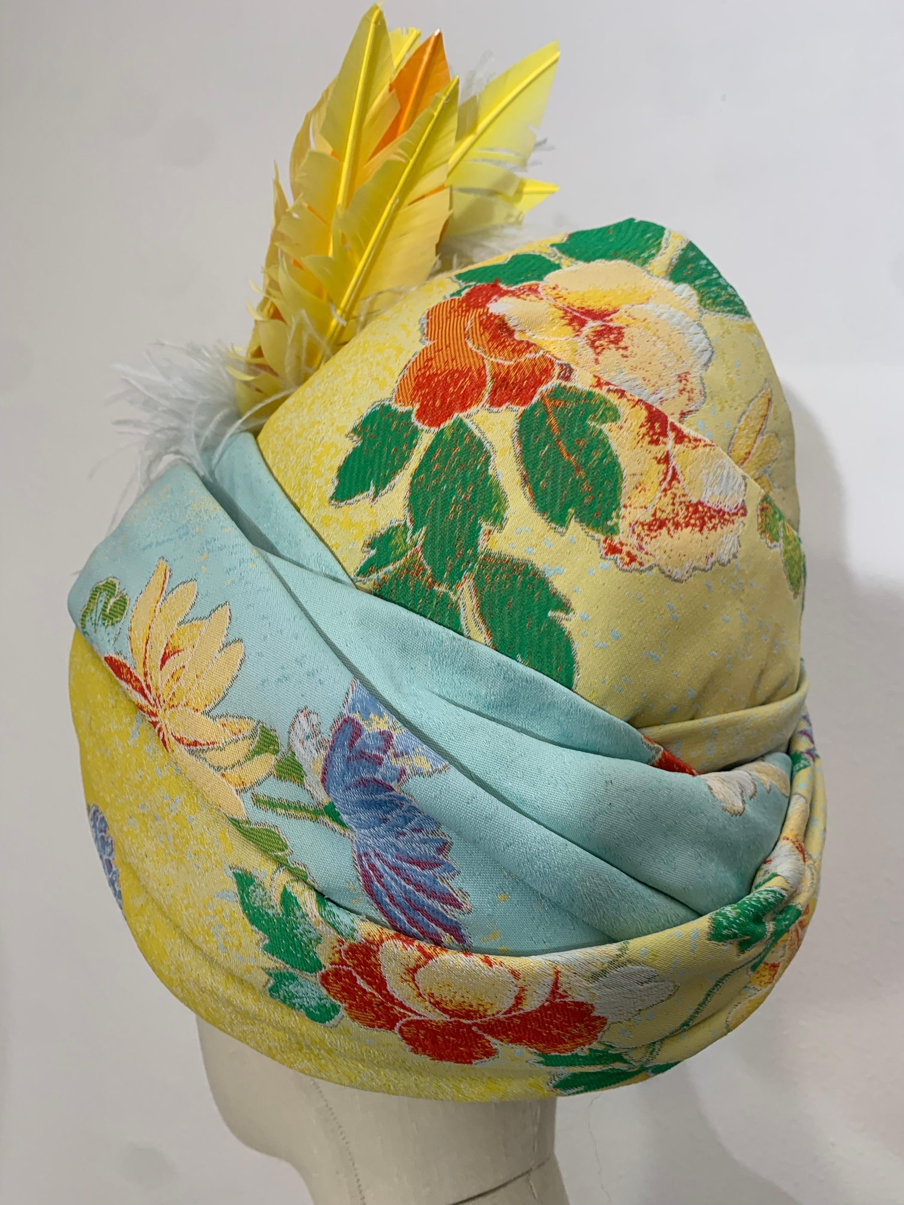 Women's Custom-Made Wool Challis Turban in Chartreuse and Pastel Floral Print w Feathers For Sale