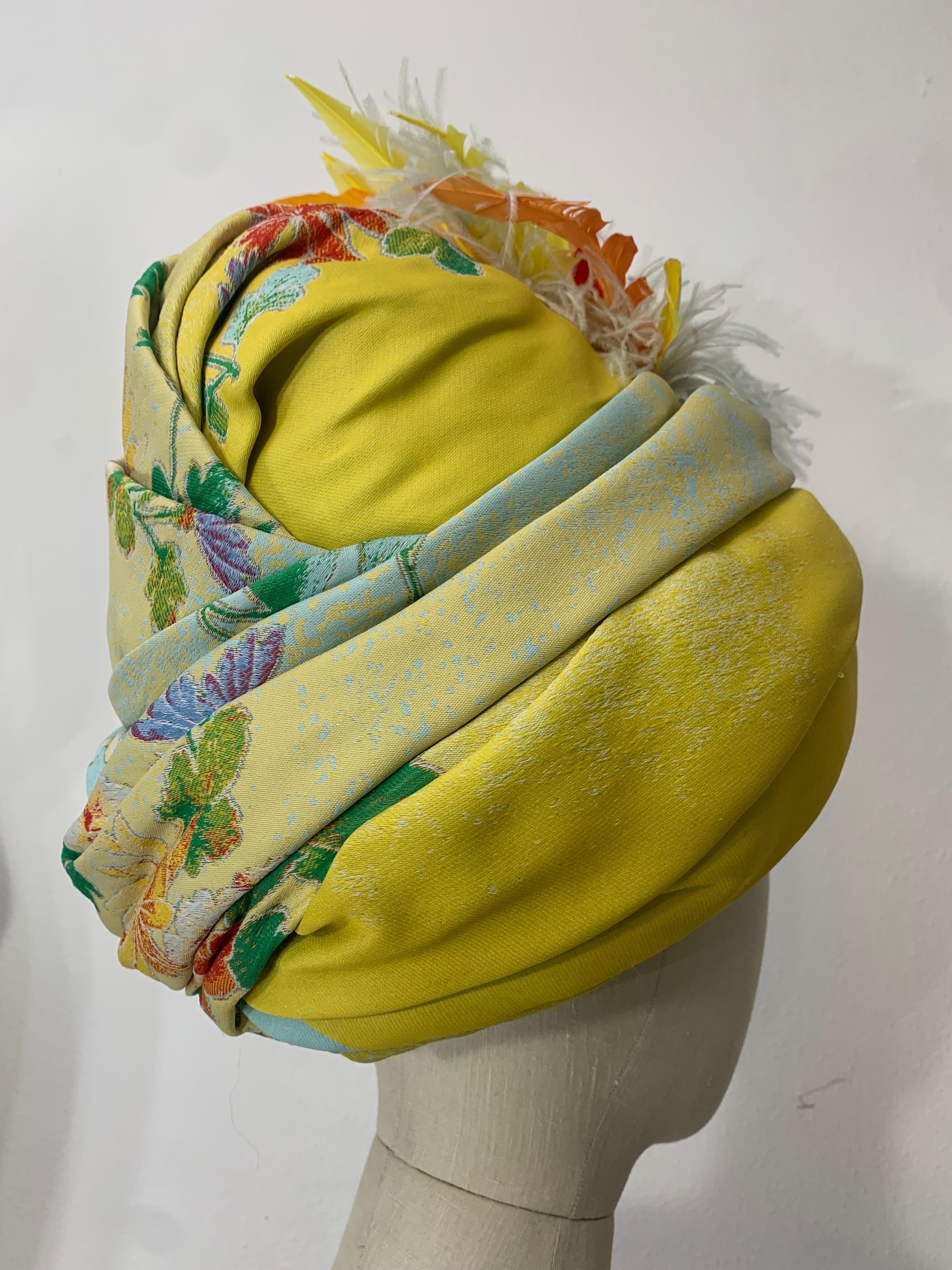 Custom-Made Wool Challis Turban in Chartreuse and Pastel Floral Print w Feathers For Sale 1