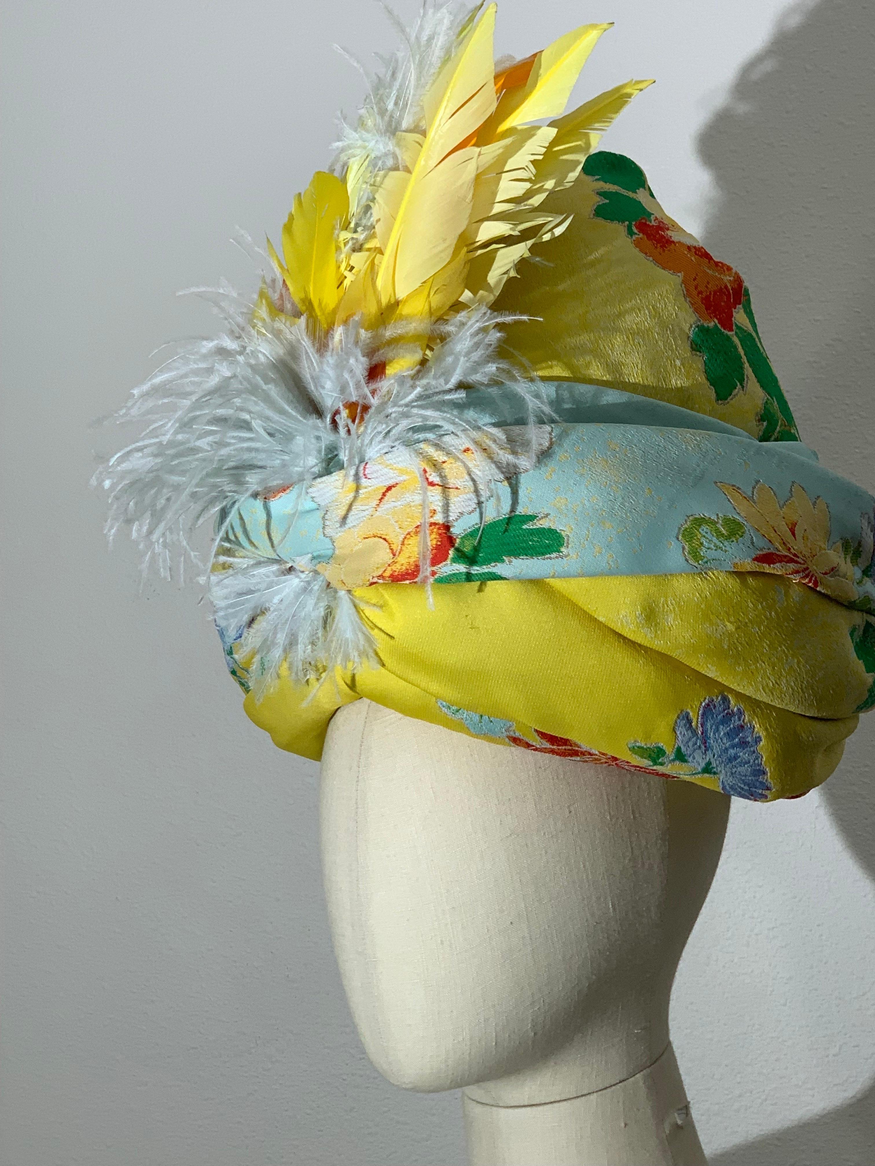 Custom-Made Wool Challis Turban in Chartreuse and Pastel Floral Print w Feathers For Sale 2