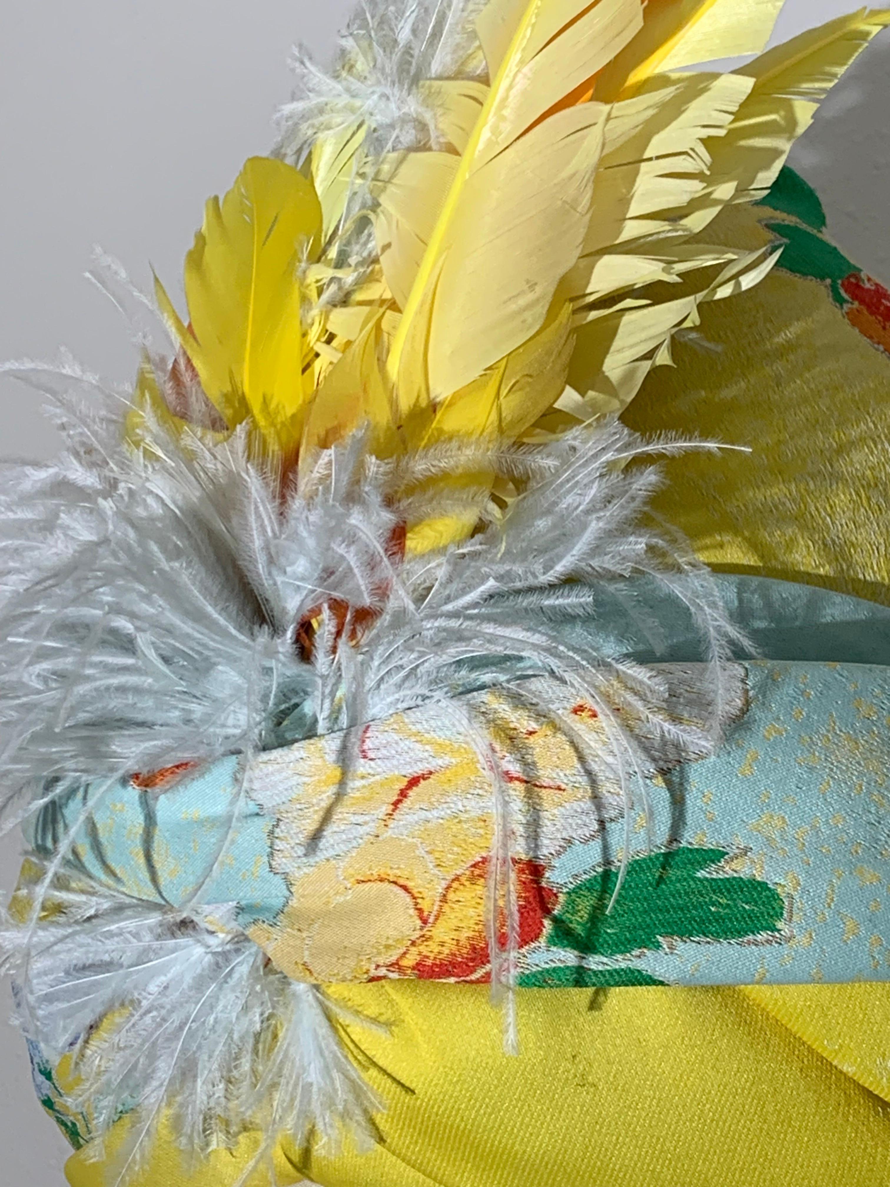 Custom-Made Wool Challis Turban in Chartreuse and Pastel Floral Print w Feathers For Sale 3