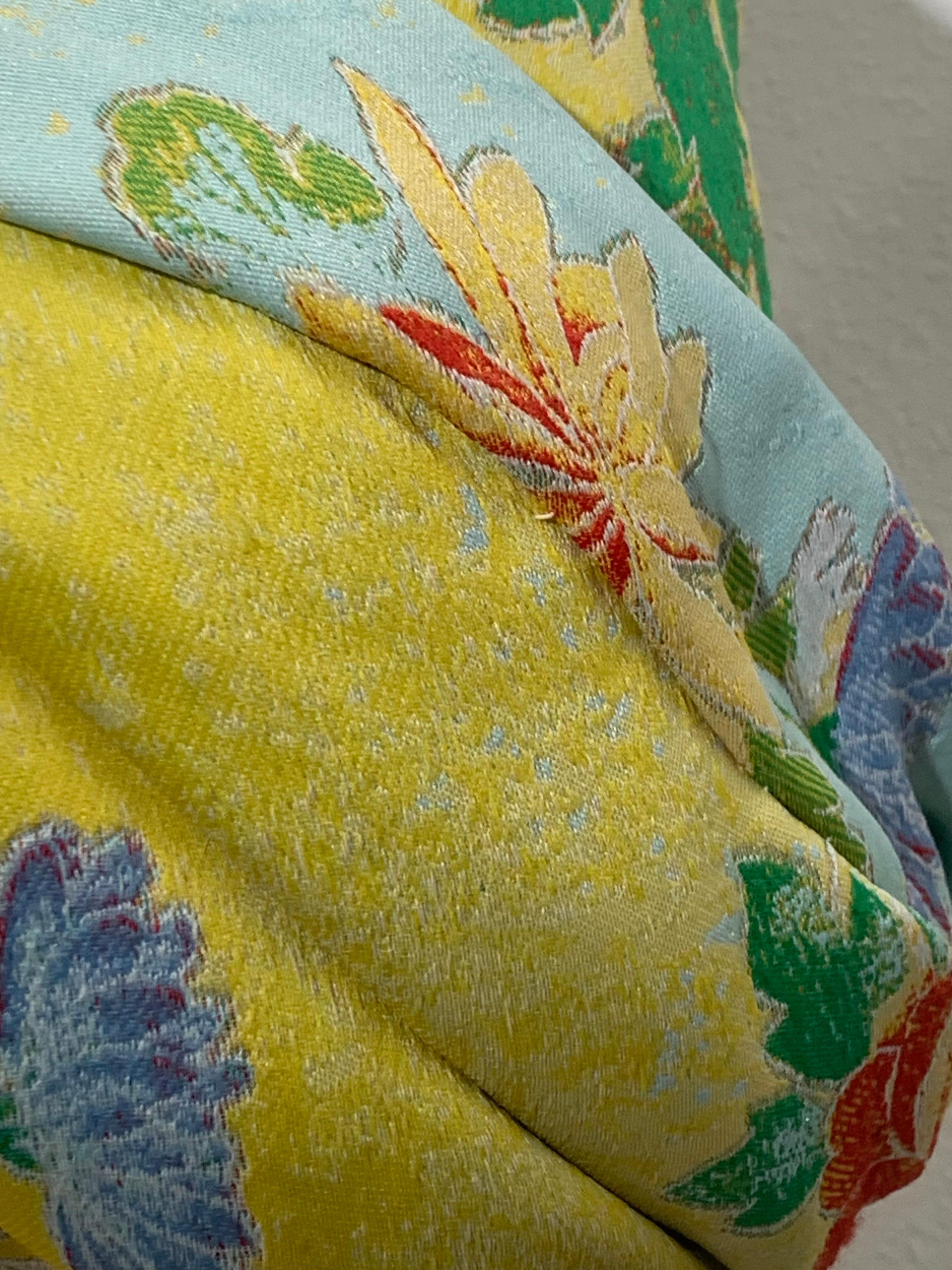 Custom-Made Wool Challis Turban in Chartreuse and Pastel Floral Print w Feathers For Sale 4