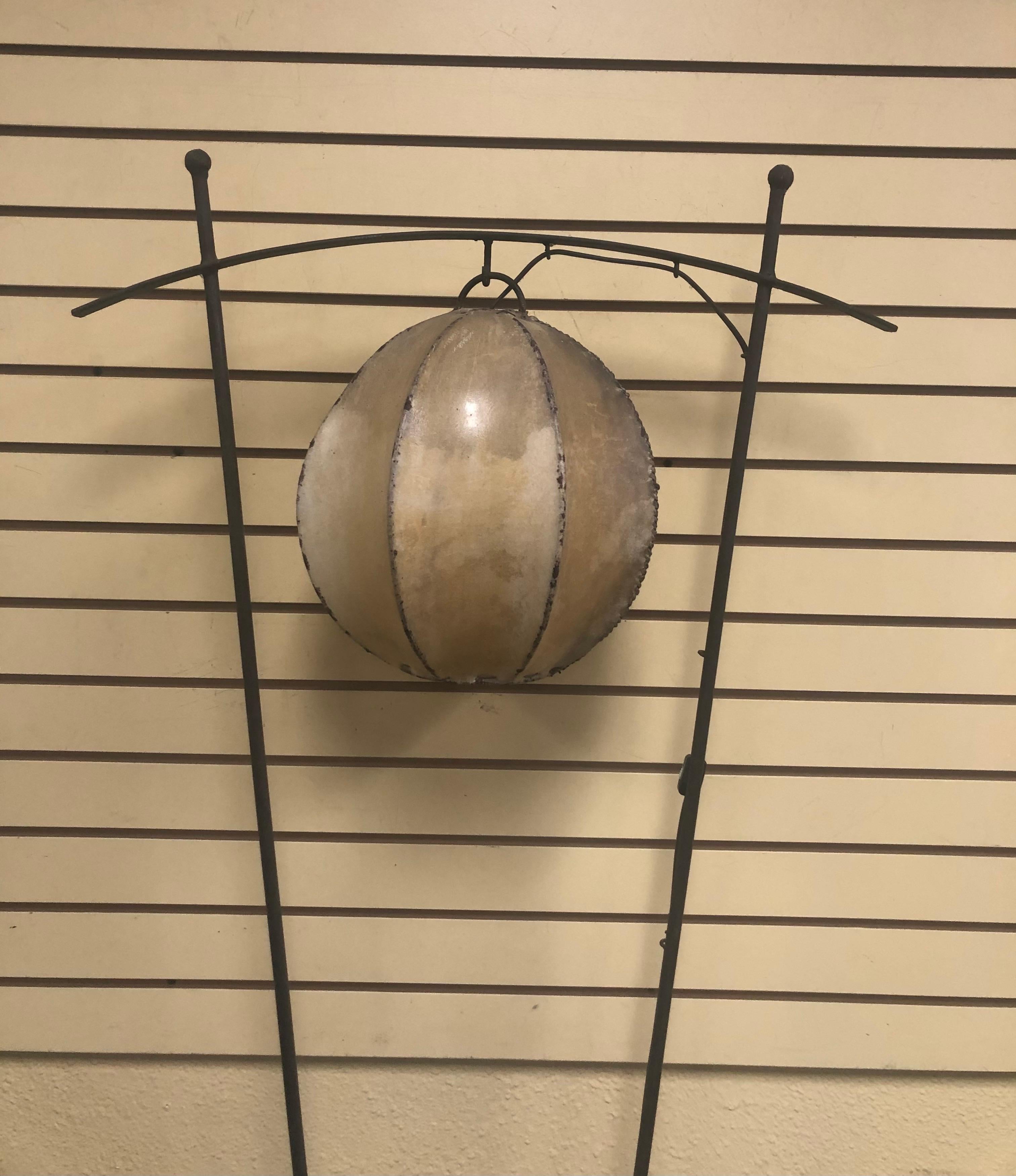 20th Century Custom Made Wrought Iron Floor Lamp with Lambskin Lantern Shade For Sale