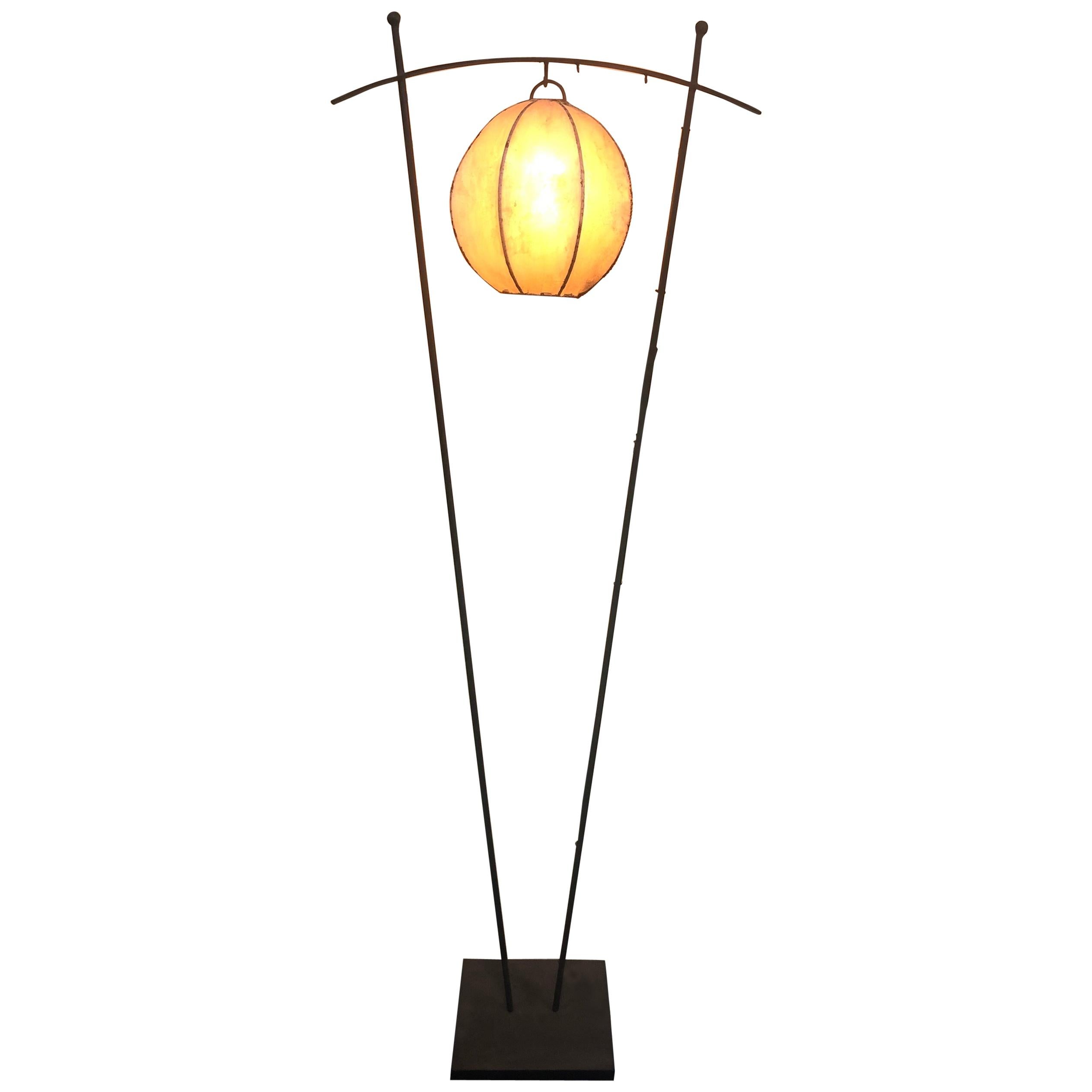 Custom Made Wrought Iron Floor Lamp with Lambskin Lantern Shade For Sale
