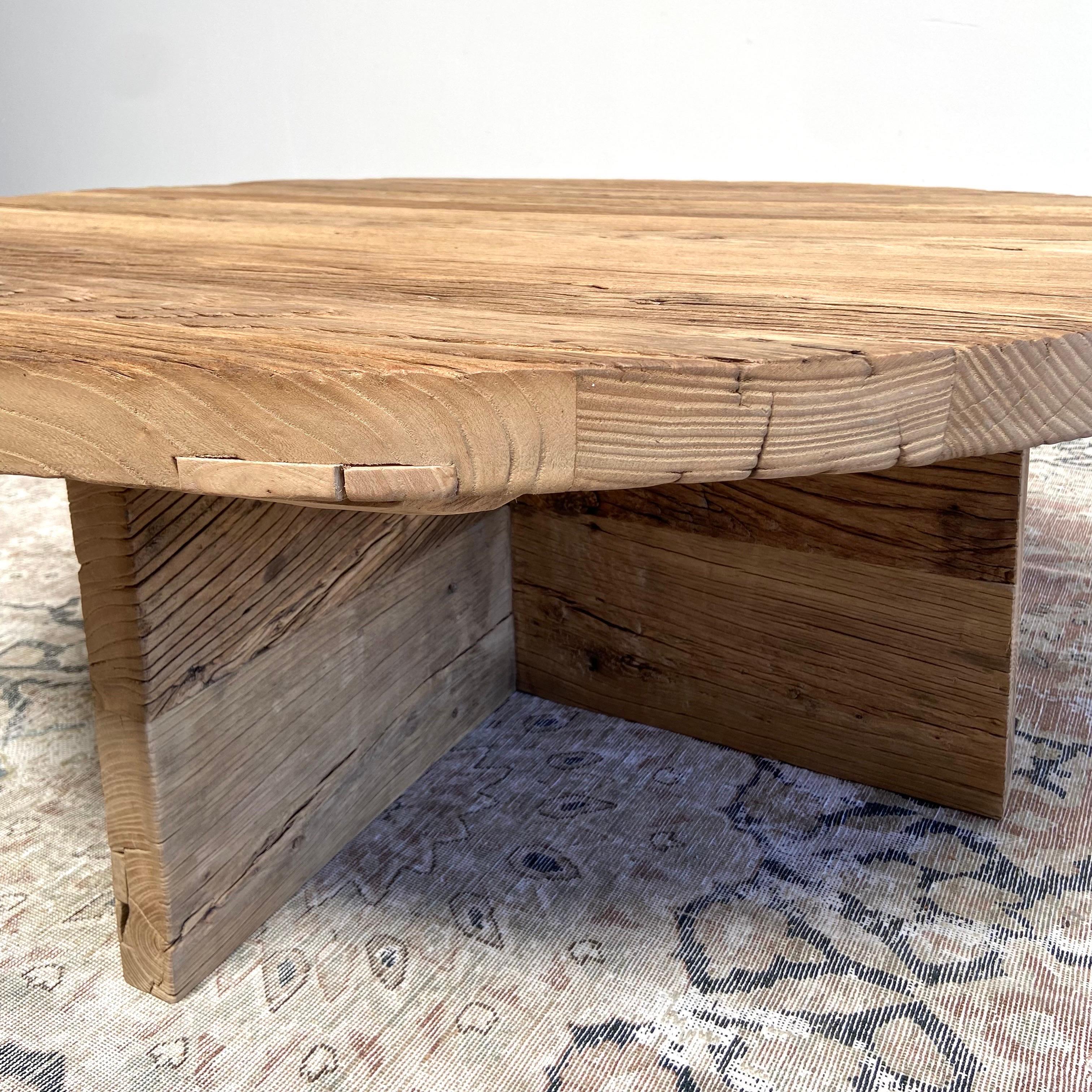 Custom Made X Base Elm Wood Coffee Table In Good Condition In Brea, CA