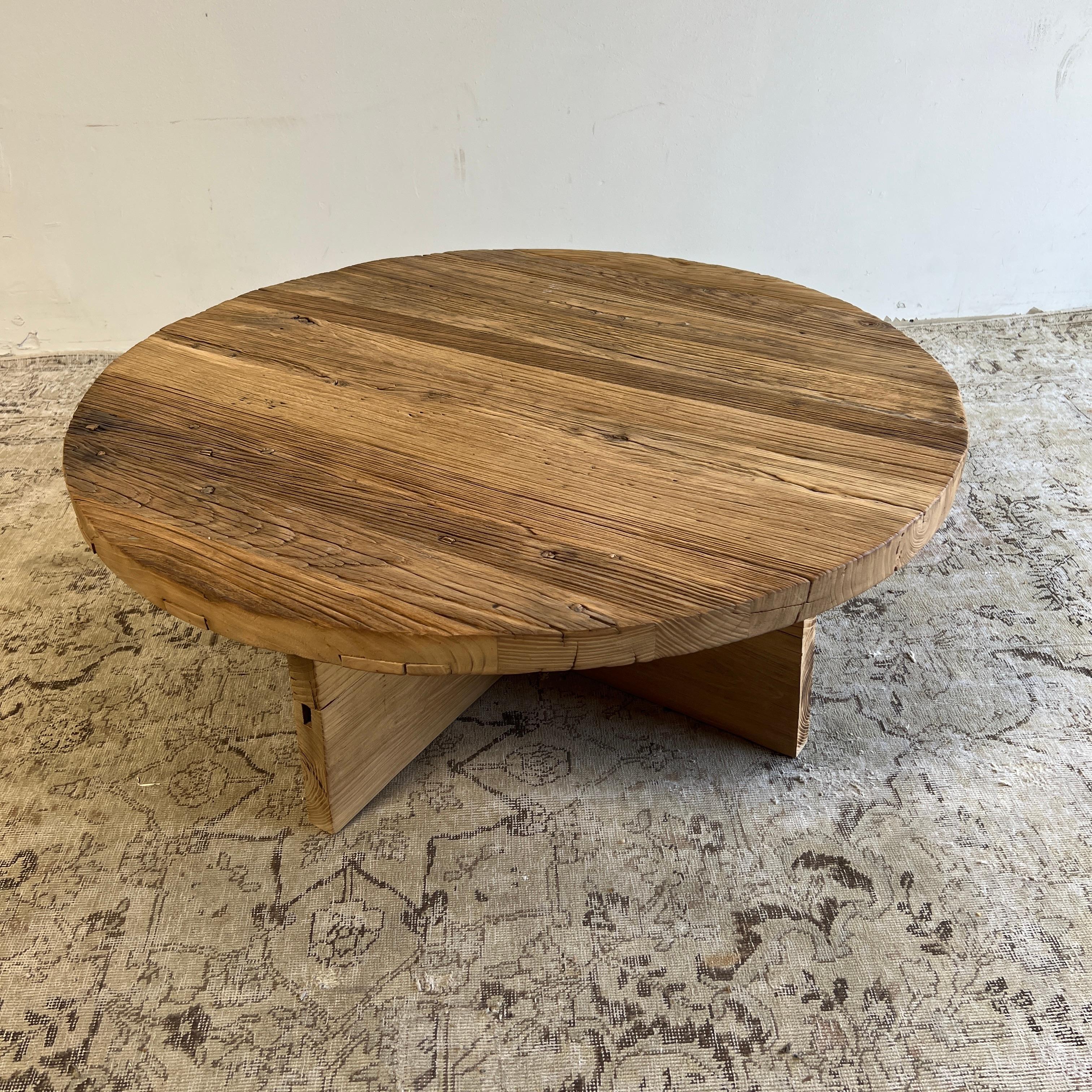 Custom Made X Base Elm Wood Coffee Table In Distressed Condition In Brea, CA