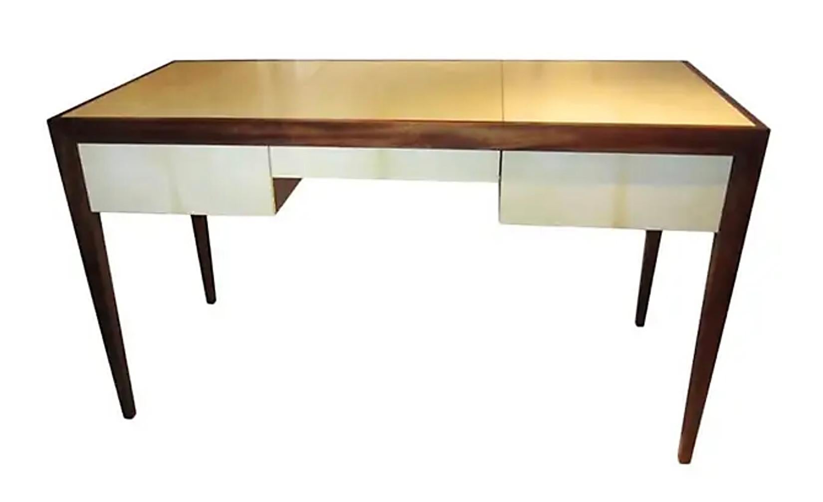 Custom parchment and mahogany writing desk. This desk is custom made. It can be crafted in your choice of wood and finish, mahogany, cerused oak, parchment top, shagreen etc. Lead Time is 8-10 weeks.