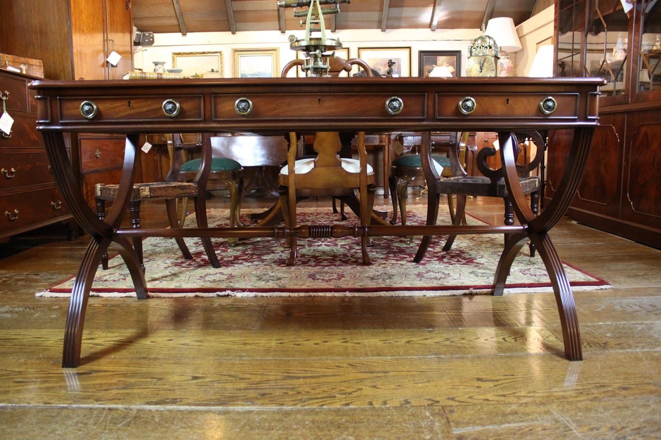 English Custom Mahogany Crossed Sabre Leg Writing Table For Sale