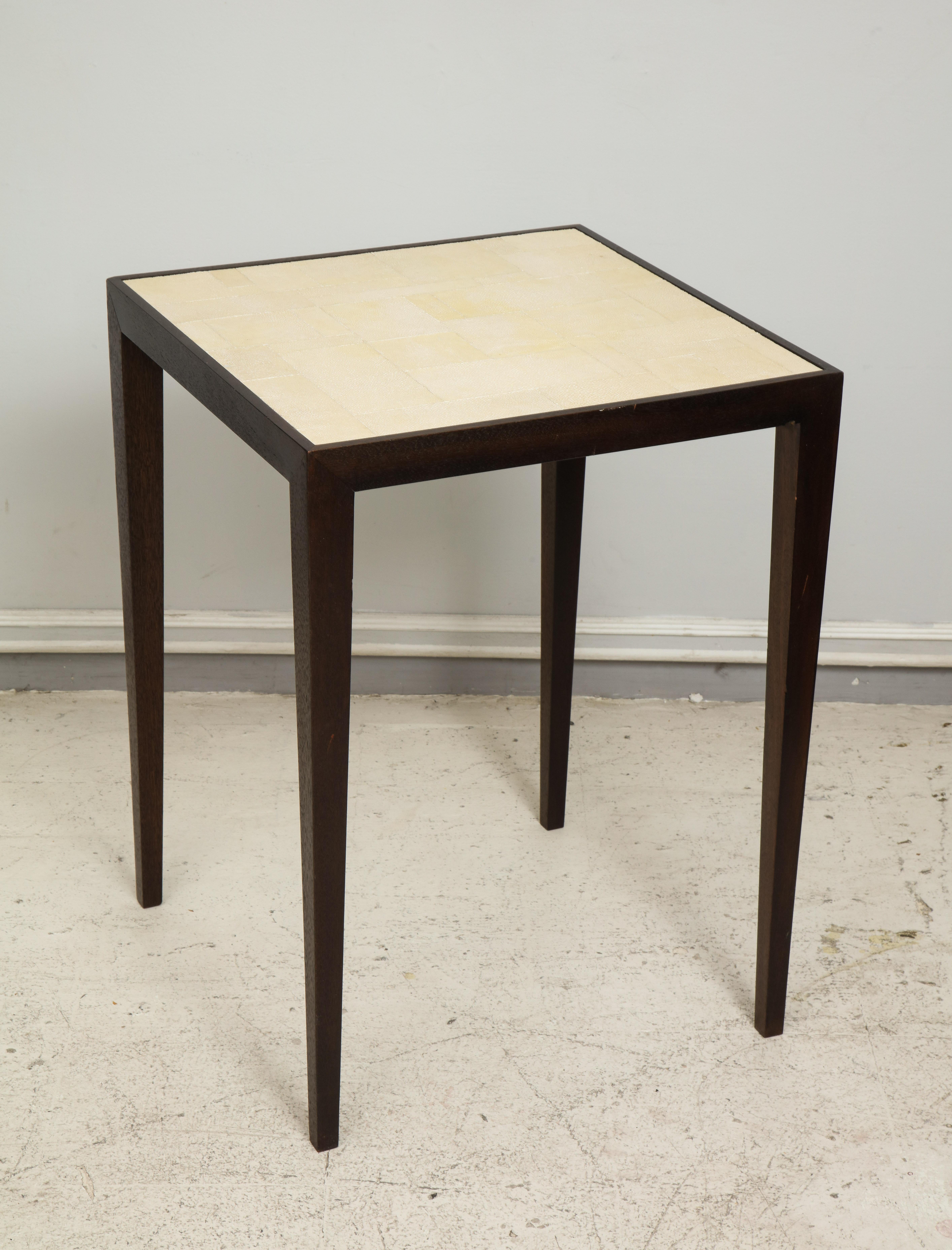 Custom mahogany table with shagreen top in the Jean Michel Frank Manner. Please note that this piece can be customized to your specifications. The table can be crafted in a variety of stain finishes and top options i.e. shagreen, parchment, leather,