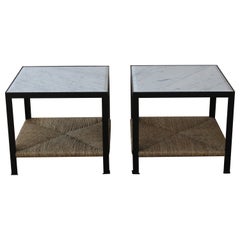 Custom Marble and Rush Steel Framed End Tables, Sold as a Pair Custom Marble and Rush Steel Framed End Tables, Sold as a Pair
