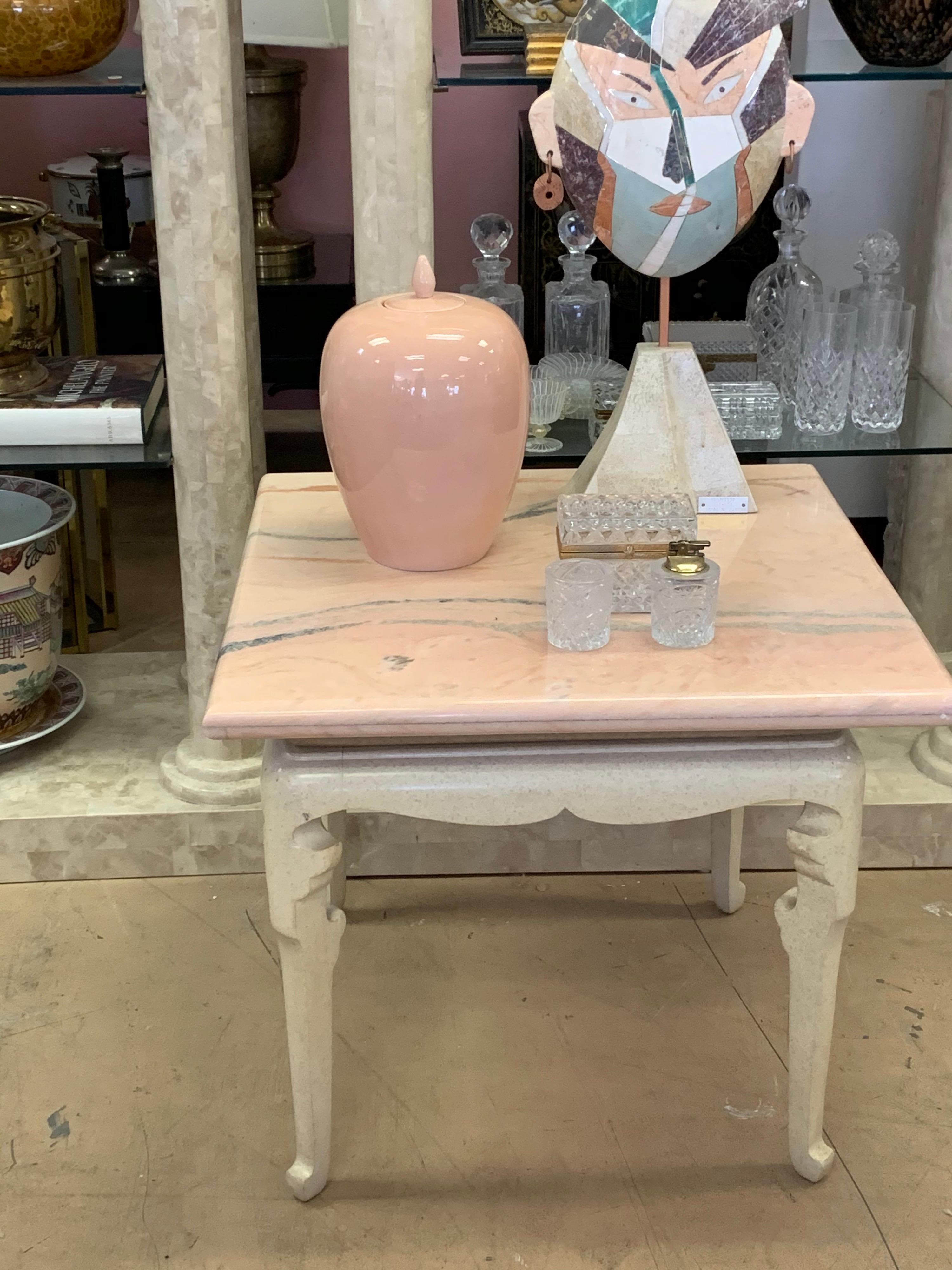 American Custom Marge Carson Hollywood Regency End Table with Rare Pink Marble Top For Sale
