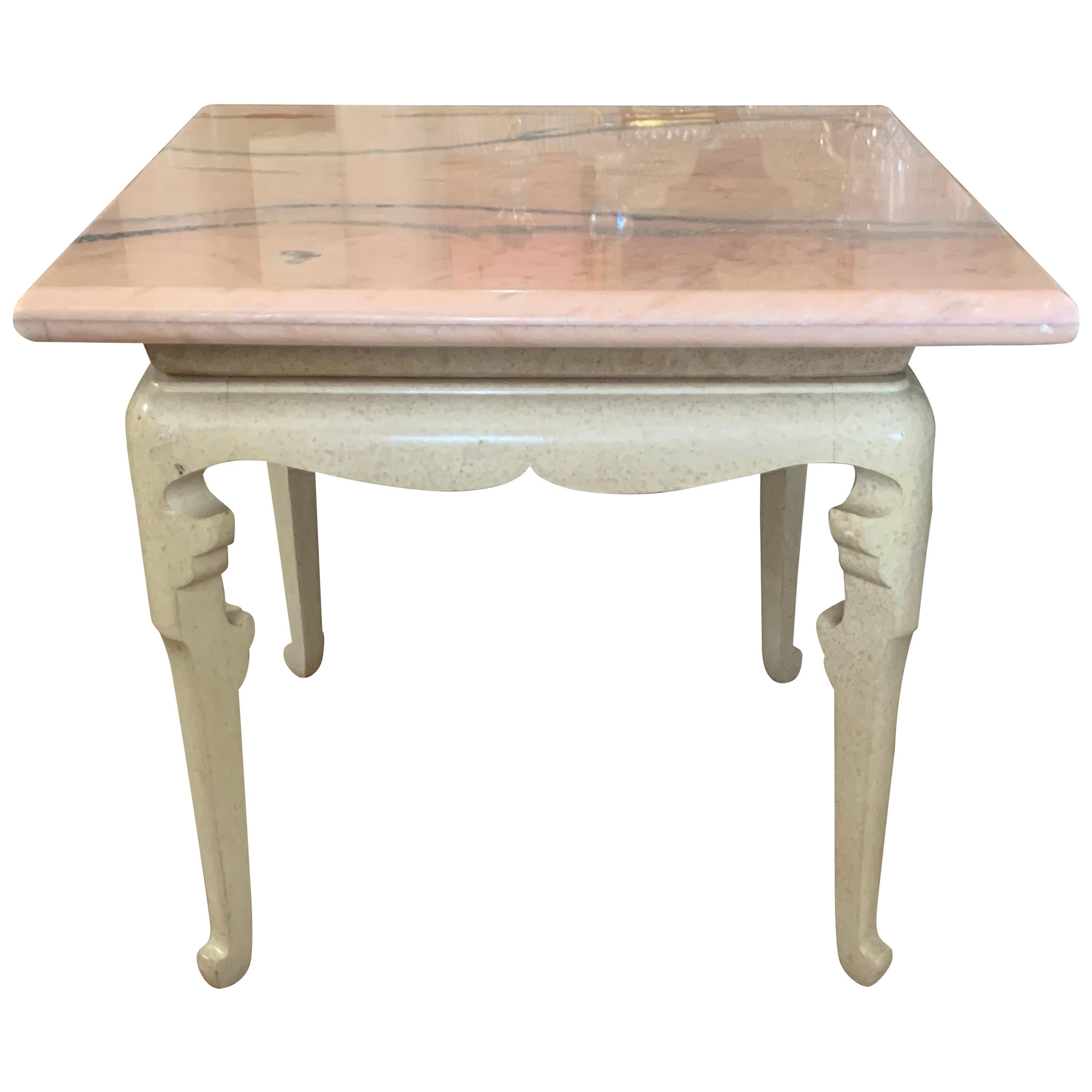 Custom Marge Carson Hollywood Regency End Table with Rare Pink Marble Top For Sale