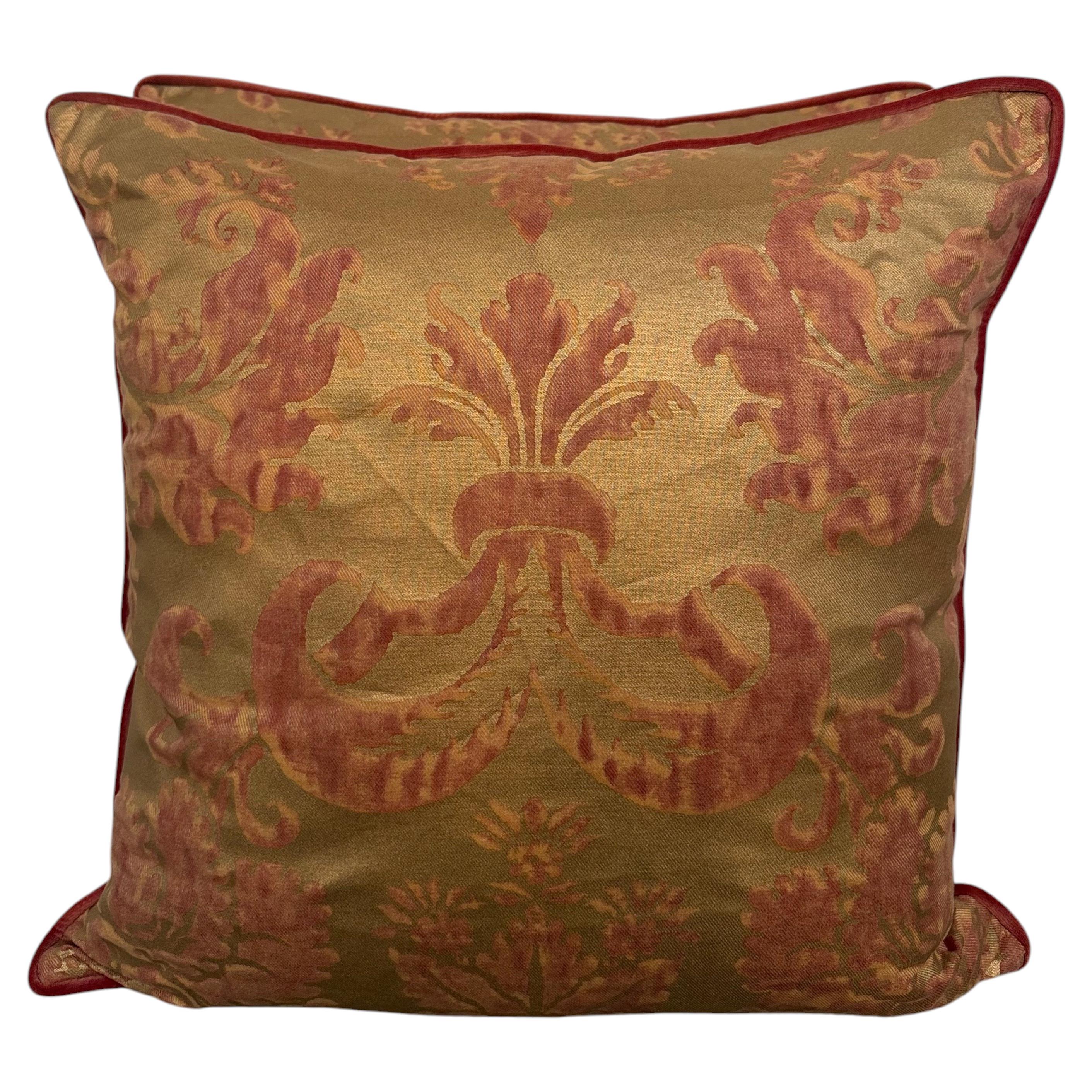 Custom Mariano Fortuny Pillows in Antique Gold & Coral Damask For Sale