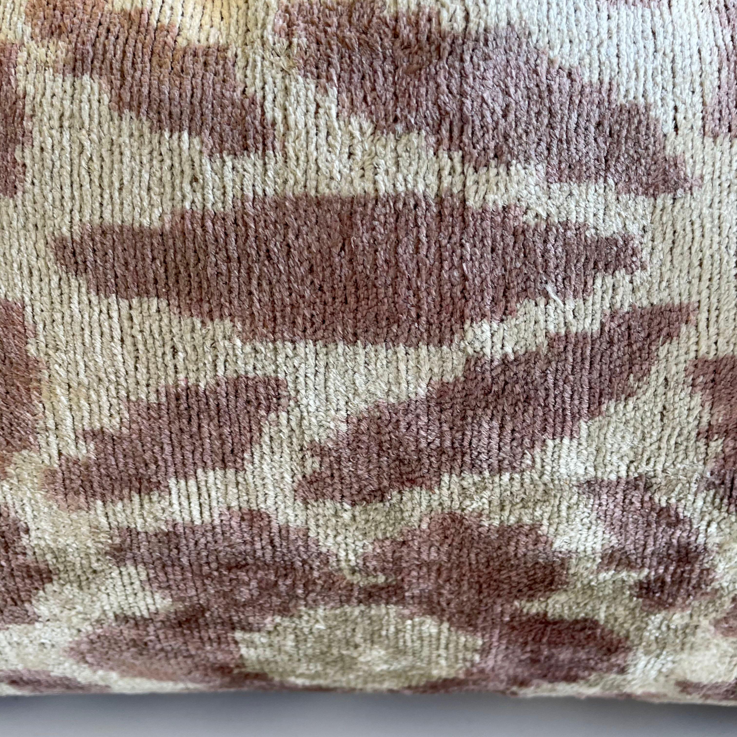 Custom mauve and natural silk velvet pillow. no insert.
Measures: 22? W x 5? D x 15? H.