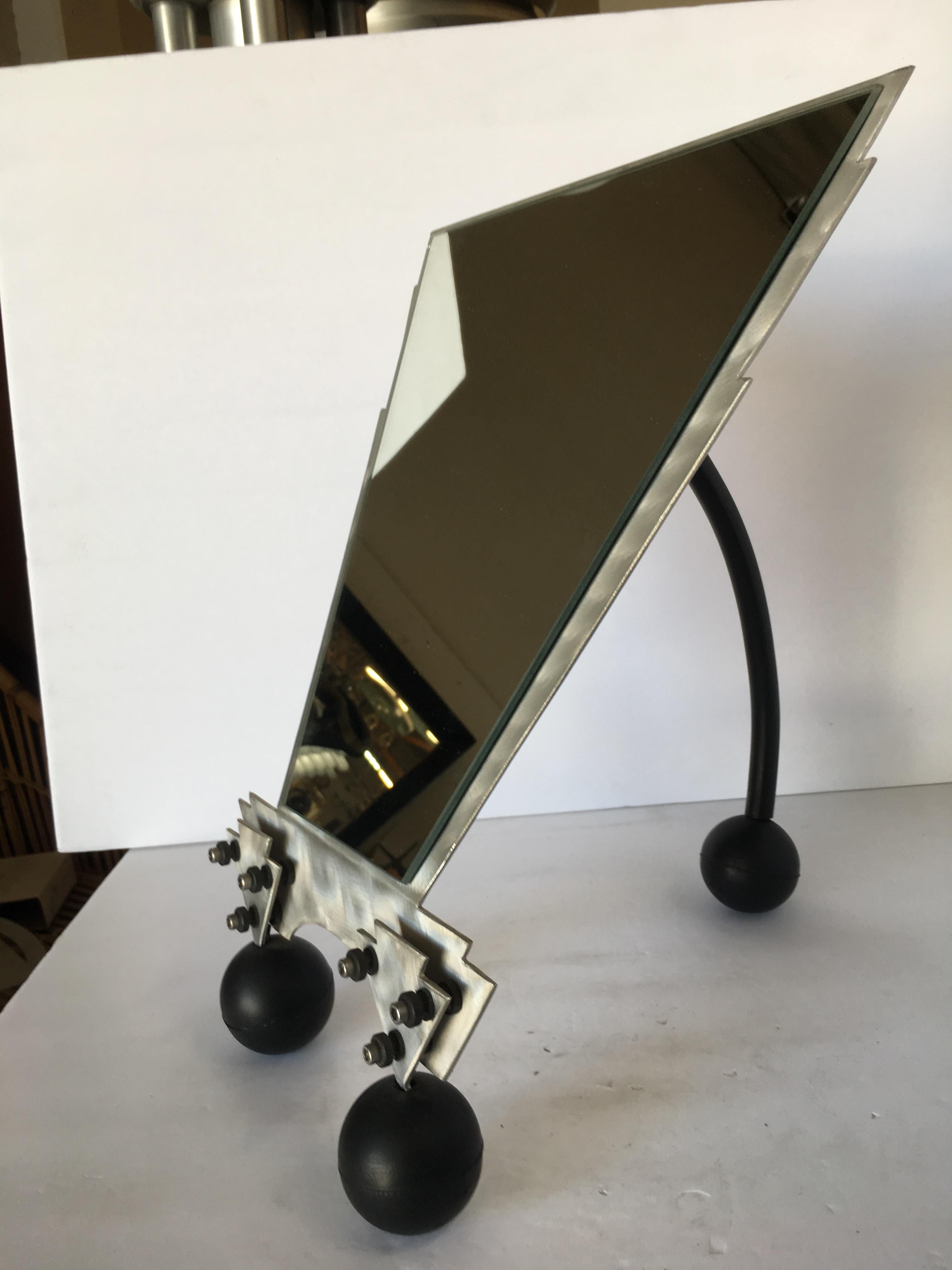 Custom Memphis Style Machined Metal Table Top Vanity Mirror In Excellent Condition For Sale In Van Nuys, CA
