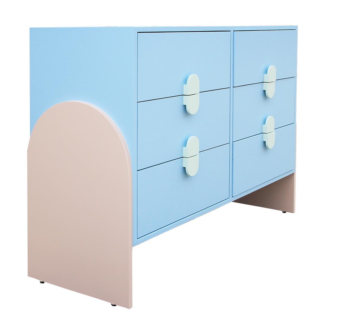 Wonderful custom-made pastel color Post Modern 6 drawer dresser or chest. This handmade piece of furniture has great lines from all angles. Designed and constructed in Houston Texas by Reeves Art + Design. The dresser was inspired by the wonderful