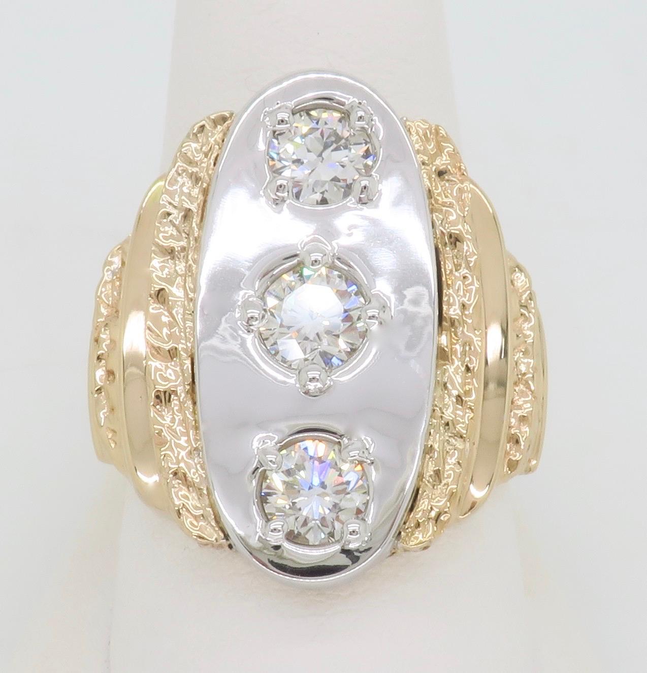 Custom made men's diamond ring made with 1.72ctw of Diamonds. 

Diamond Specifics: 
.64ct I VS2
.53ct H VS2
.55ct I VS2
Diamond Cut: Round Cut Diamonds
Total Diamond Carat Weight: Approximately 1.72CTW
Metal: 14K White & Yellow Gold
Ring Size: