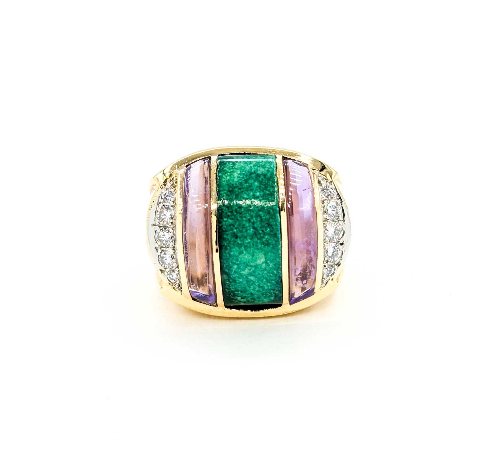 Custom Mens Turquoise, Amethyst & Diamond Ring

Marvel at this exquisite ring, masterfully crafted from 14-karat yellow gold and embellished with a stunning .50ct weight of round diamonds. These diamonds are exceptionally brilliant, possessing an