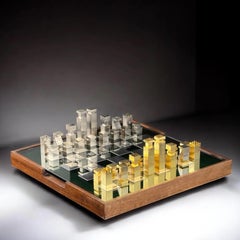 Custom Metal Chess Set in the Style of Hermès, Glass Board with Storage Box, 31