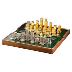 Custom Metal Chess Set in the Style of Hermès, Glass Board with Storage Box, 31