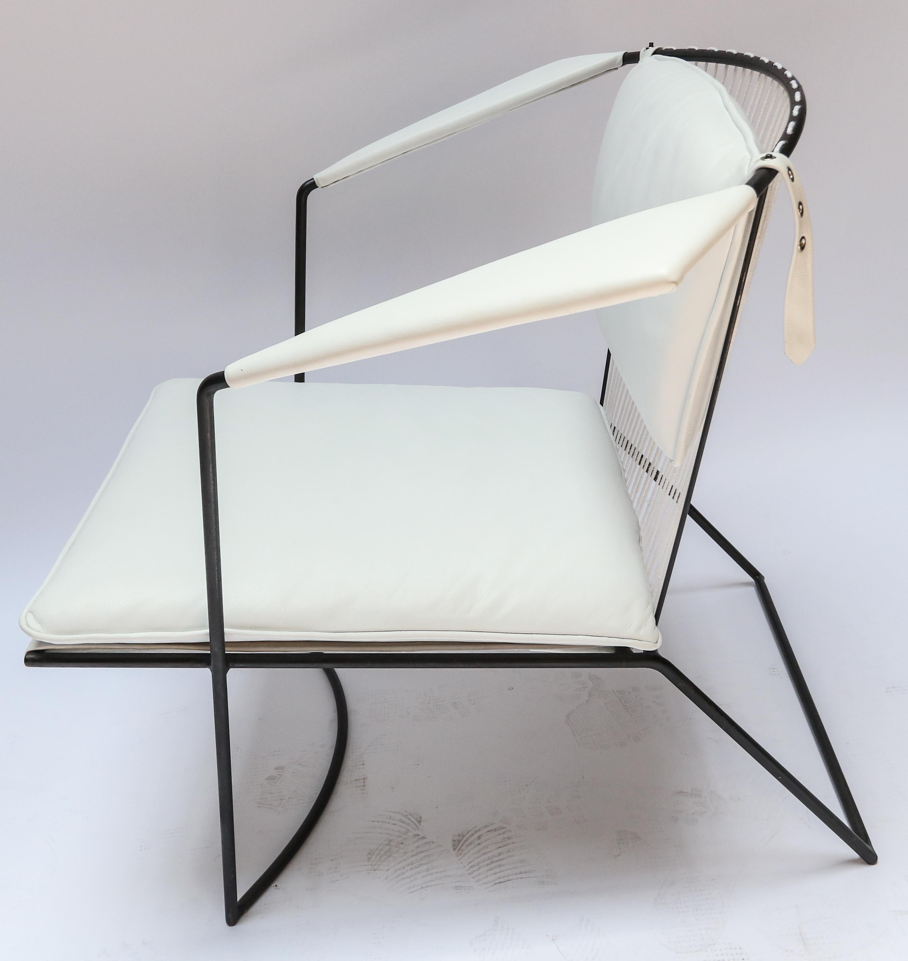 American Custom Metal Tenreiro Style White Leather Armchairs