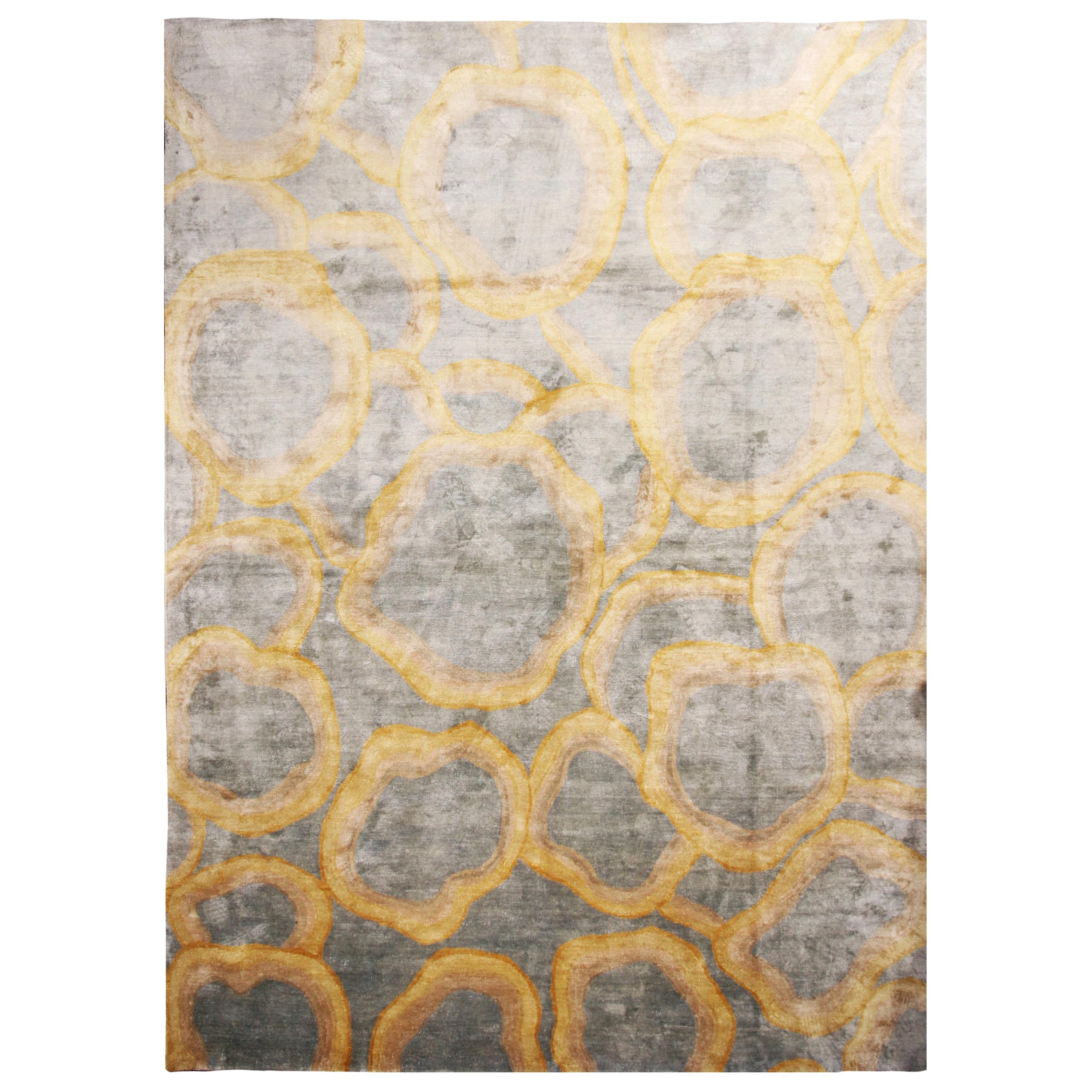 Custom Metallic ‘Bubbles’ Gold and Gray Matka Silk Rug