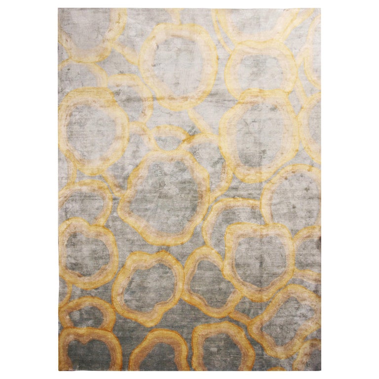 Custom Metallic “Bubbles” Gold and Gray Matka Silk Rug For Sale at 1stDibs
