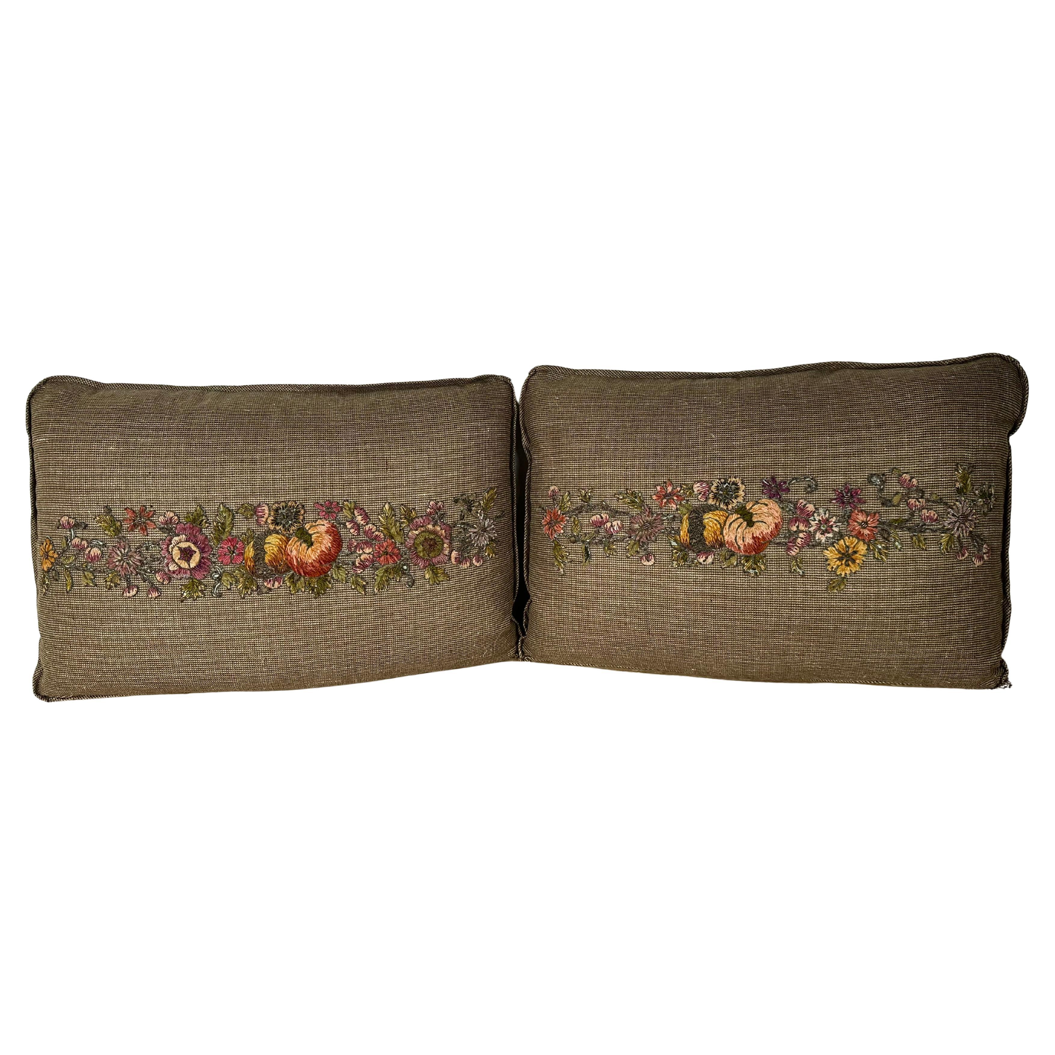 Custom Metallic 
Chenille Appliqué Pillows on Textured Ground, Pair For Sale