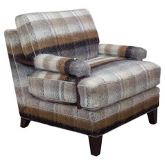 Neutral Striped Velvet Lounge Chair and Ottoman Mid-Century Modern