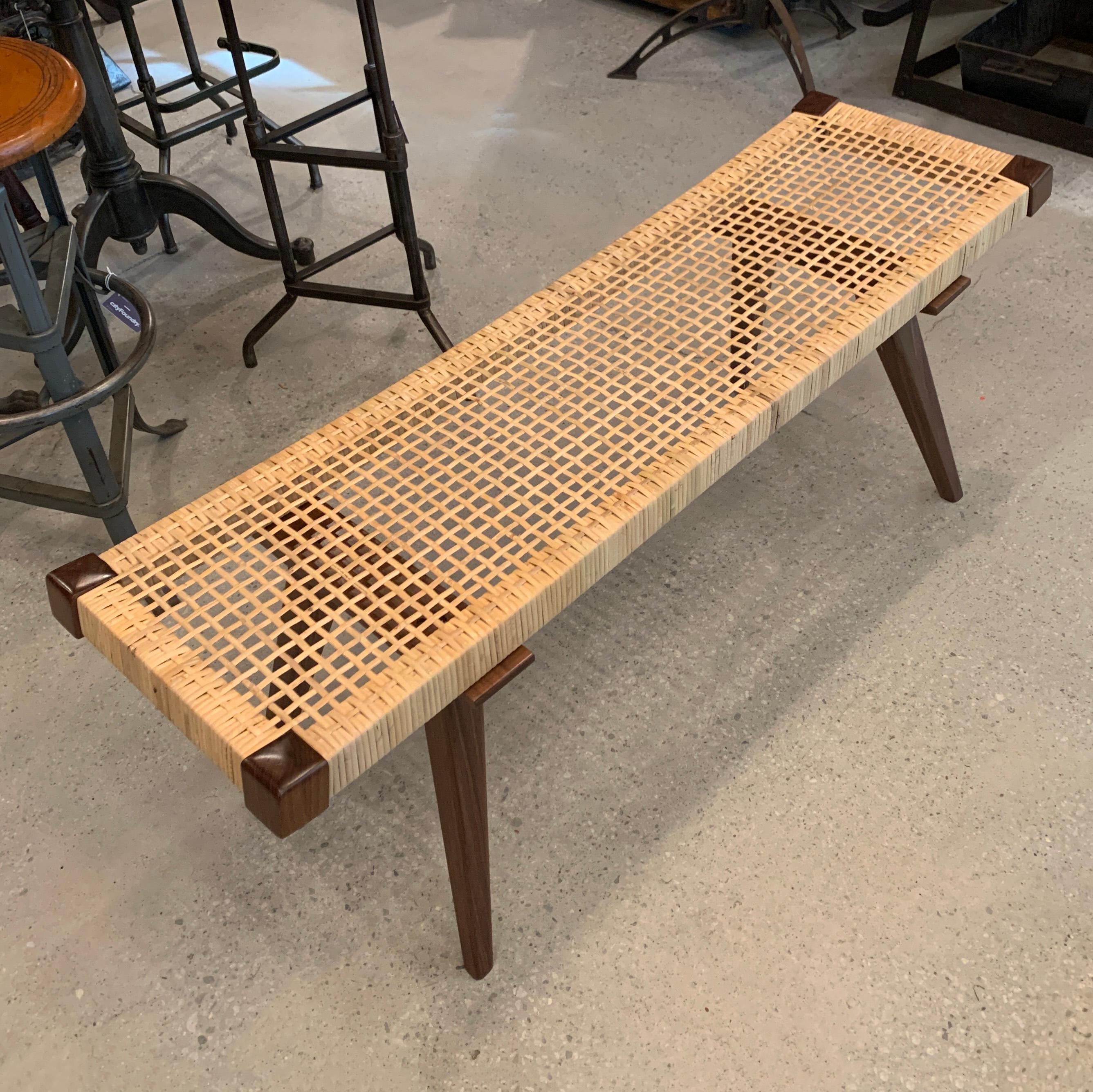 Contemporary Custom Mid-Century Modern Style Rattan Bench For Sale