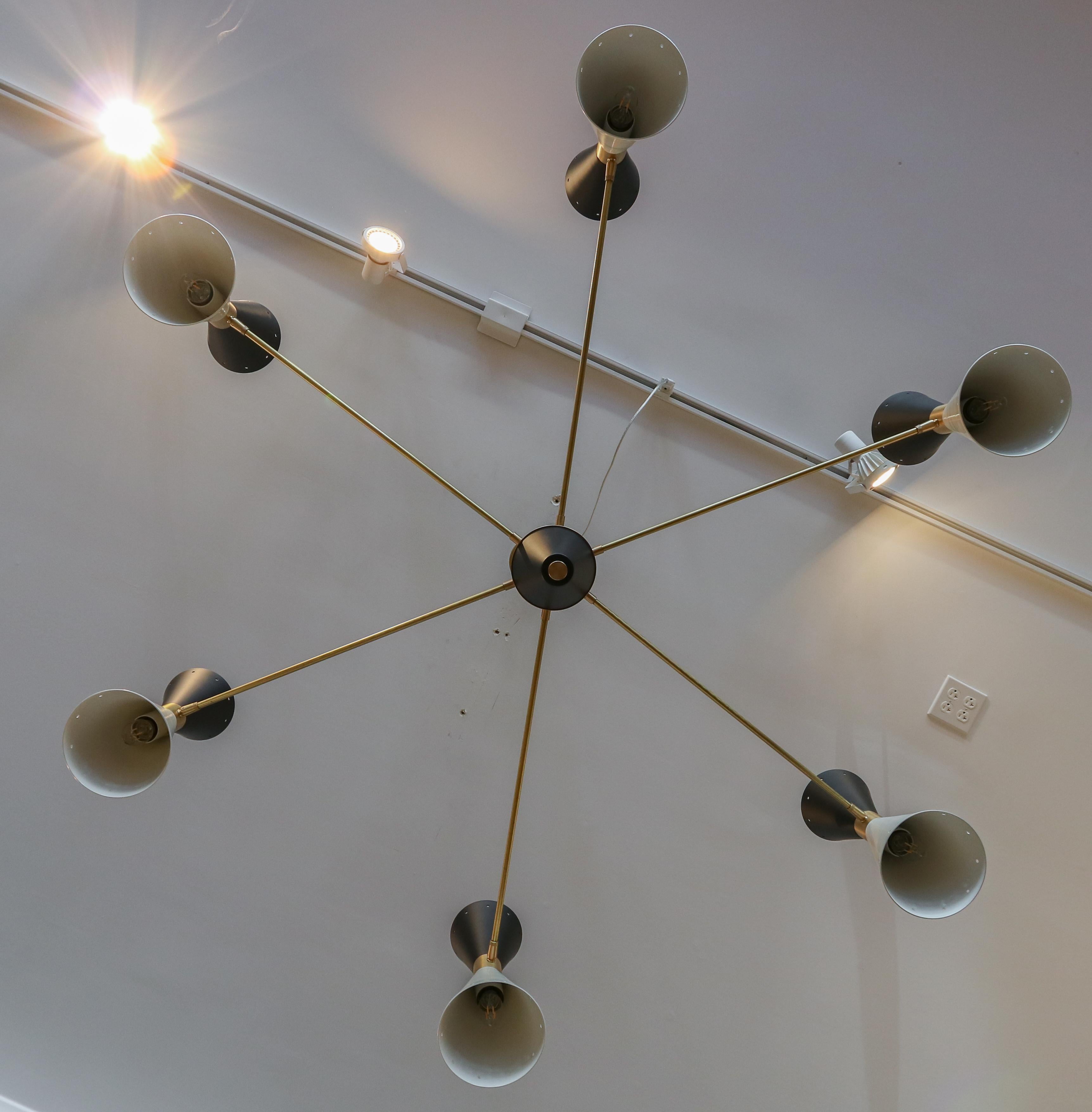 Custom Midcentury Style Brass, Black & White Metal Chandelier by Adesso Imports For Sale 3