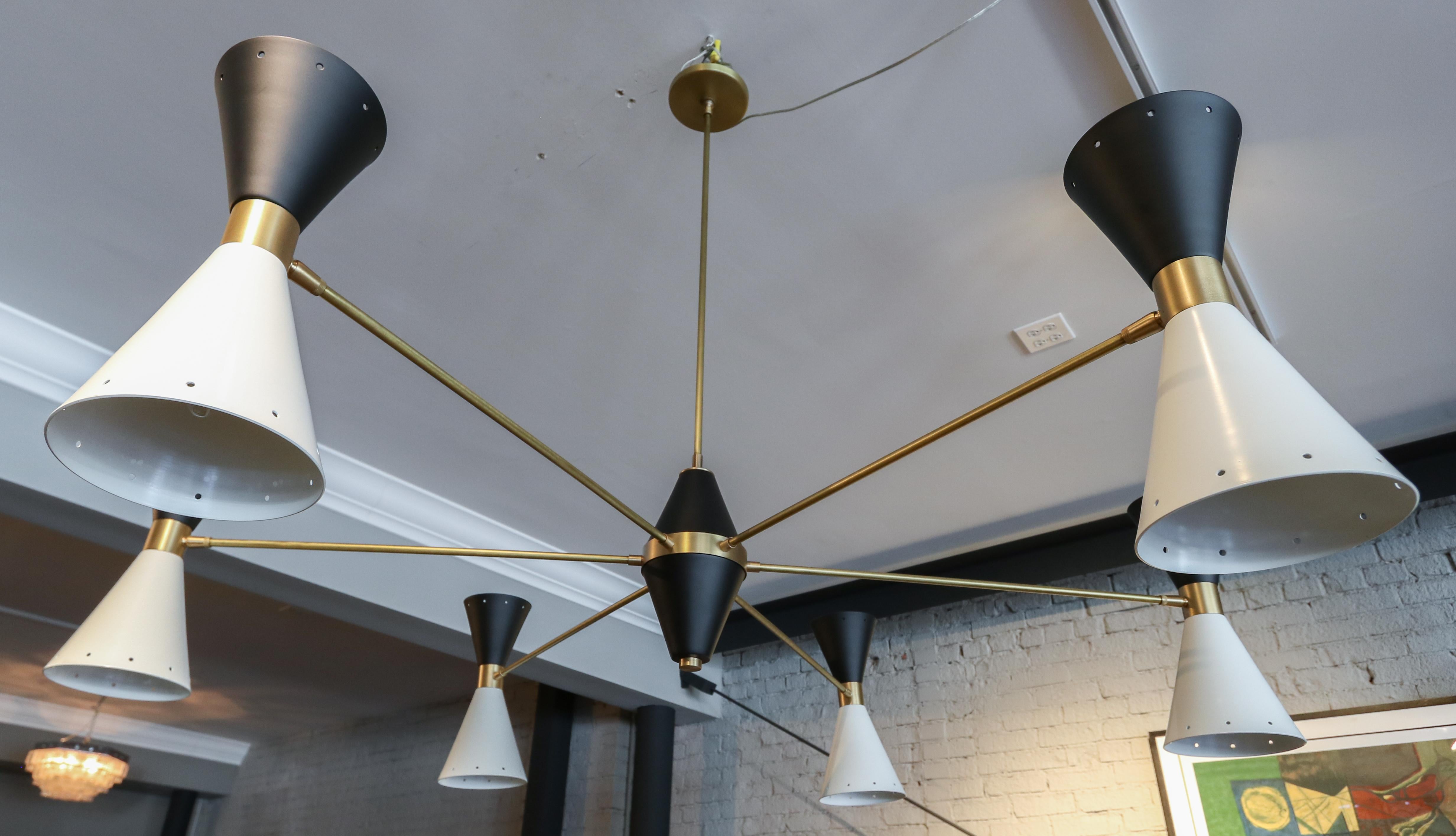 American Custom Midcentury Style Brass, Black & White Metal Chandelier by Adesso Imports For Sale
