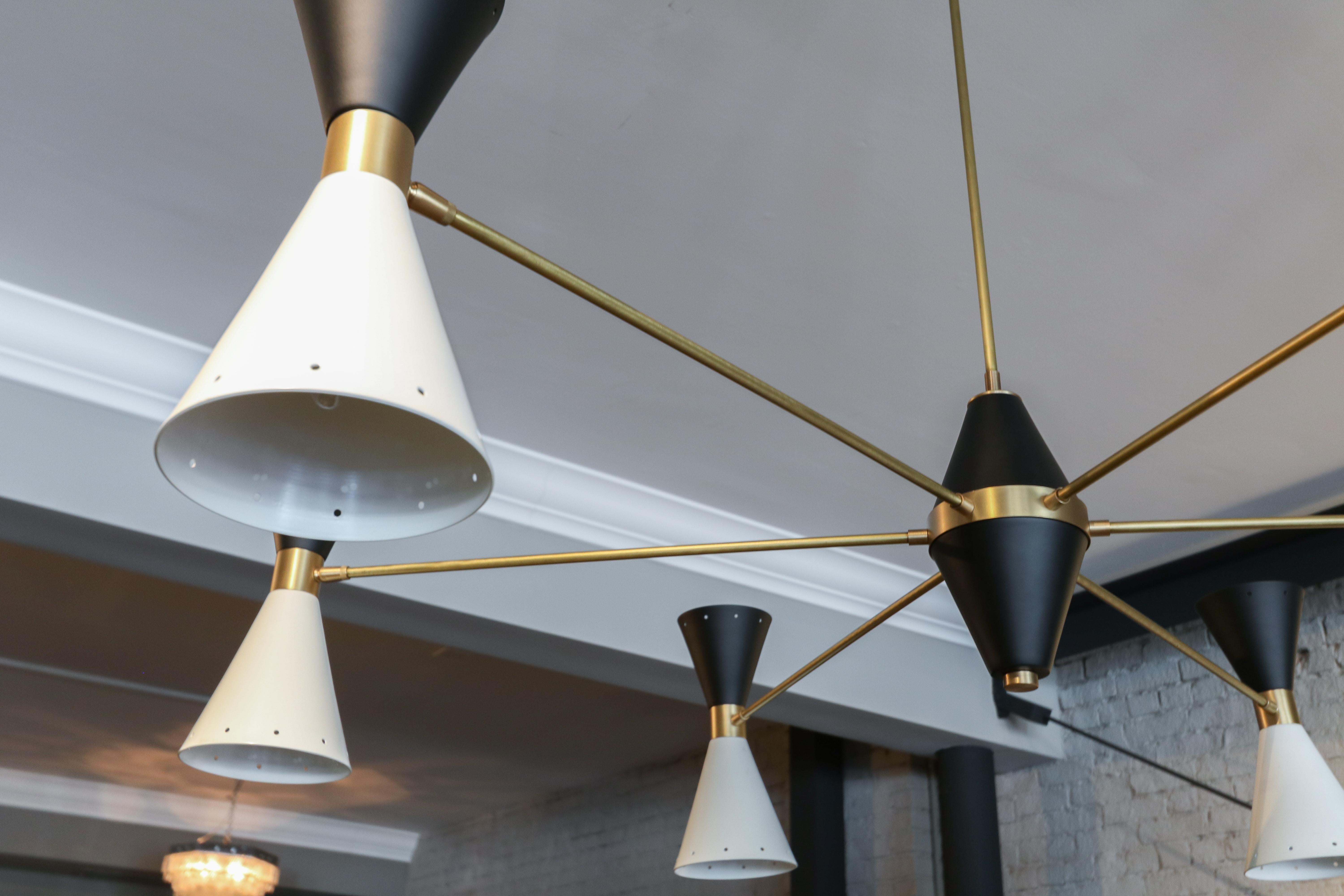 Custom Midcentury Style Brass, Black & White Metal Chandelier by Adesso Imports In New Condition For Sale In Los Angeles, CA