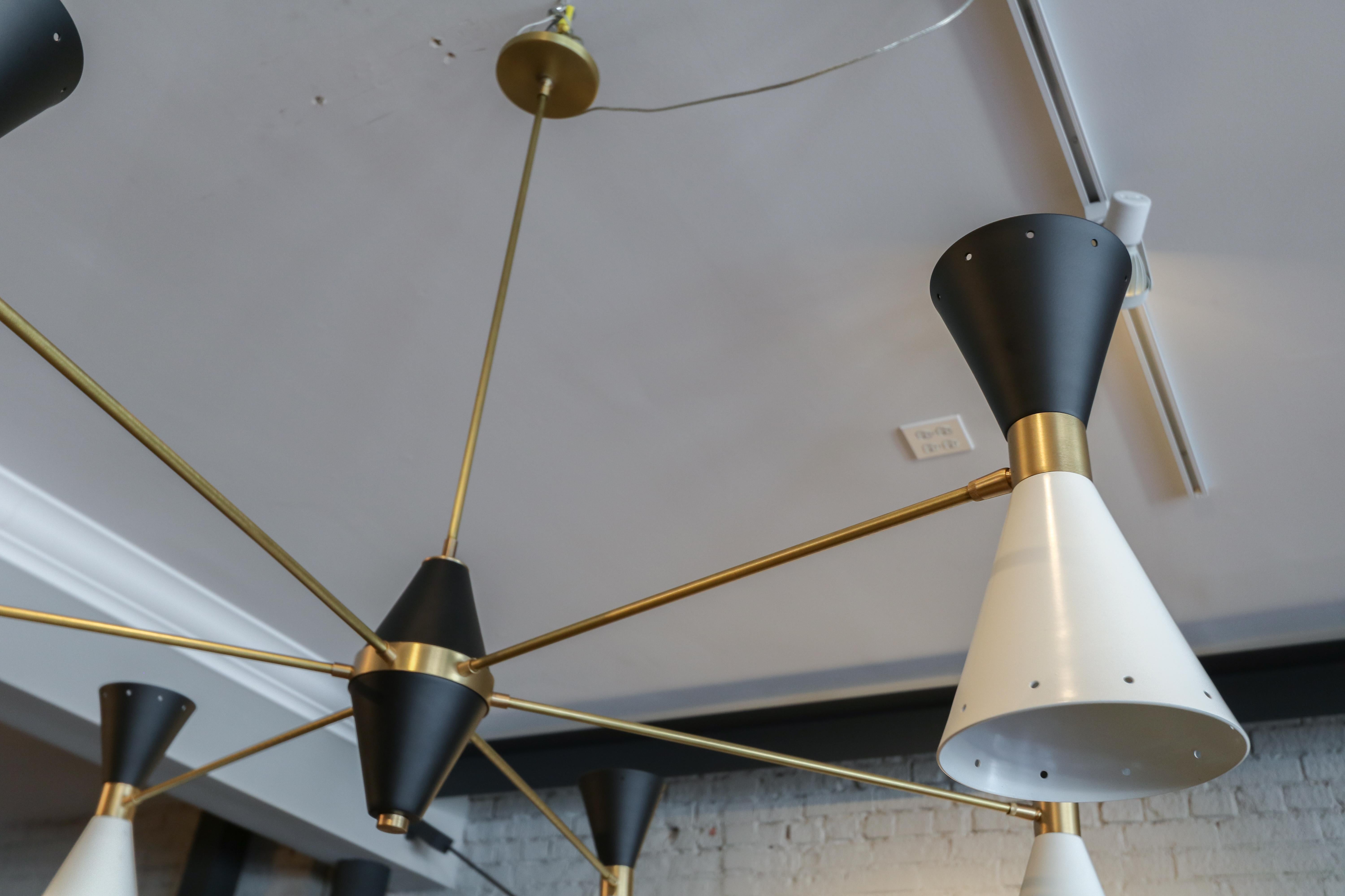 Contemporary Custom Midcentury Style Brass, Black & White Metal Chandelier by Adesso Imports For Sale