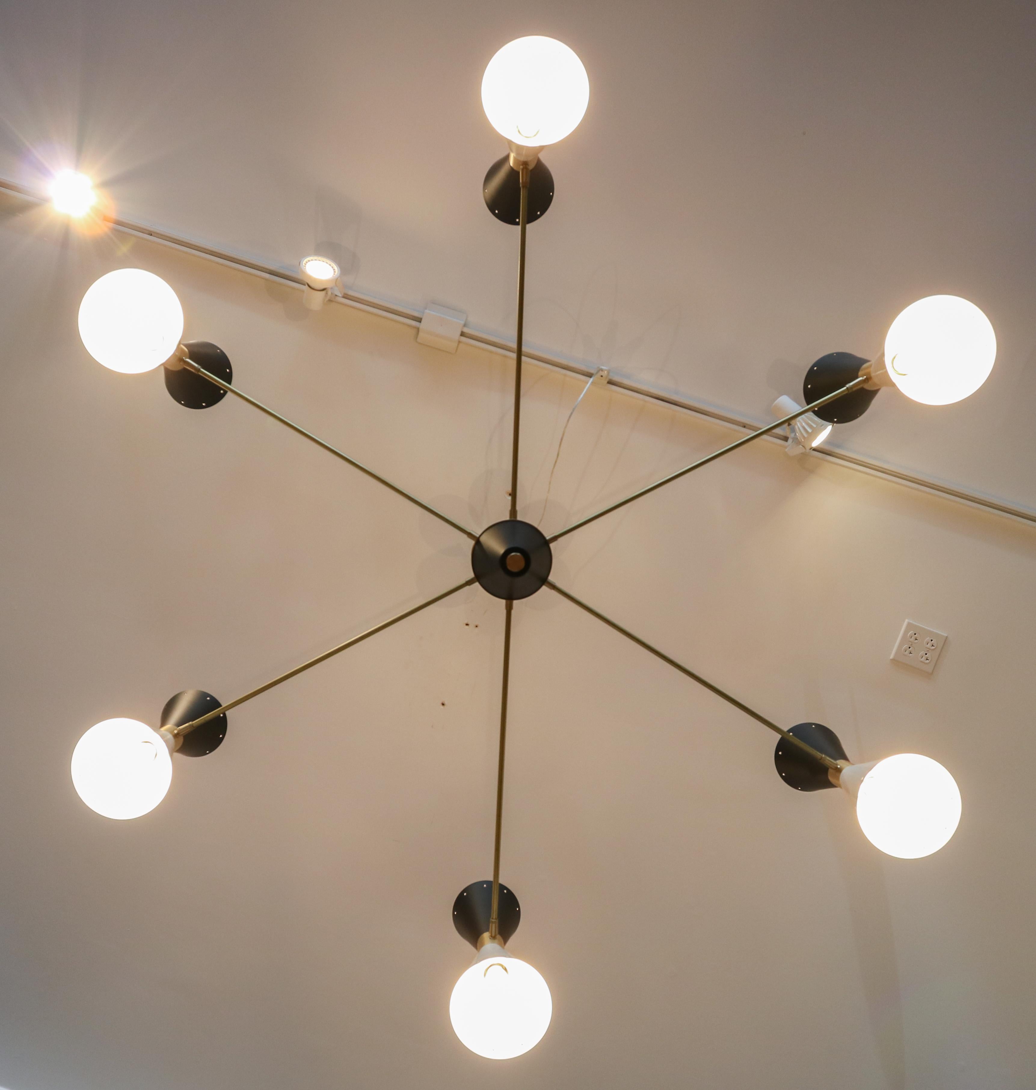 Custom Midcentury Style Brass, Black & White Metal Chandelier by Adesso Imports For Sale 2