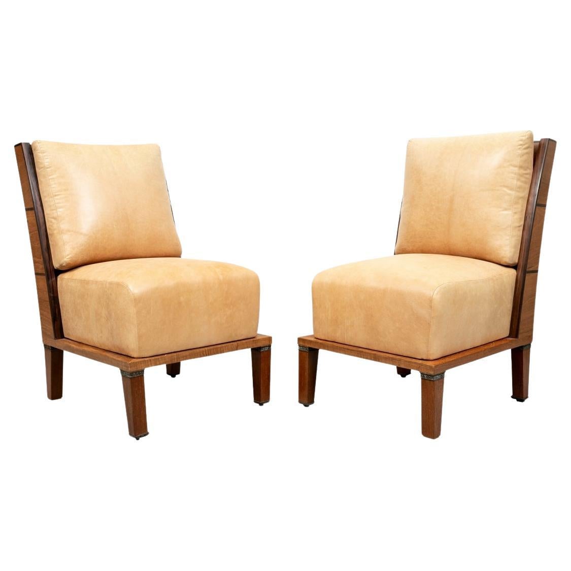 Custom Mid Century Style Leather Slipper Chair Pair For Sale