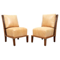 Vintage Custom Mid Century Style Leather Slipper Chair Pair