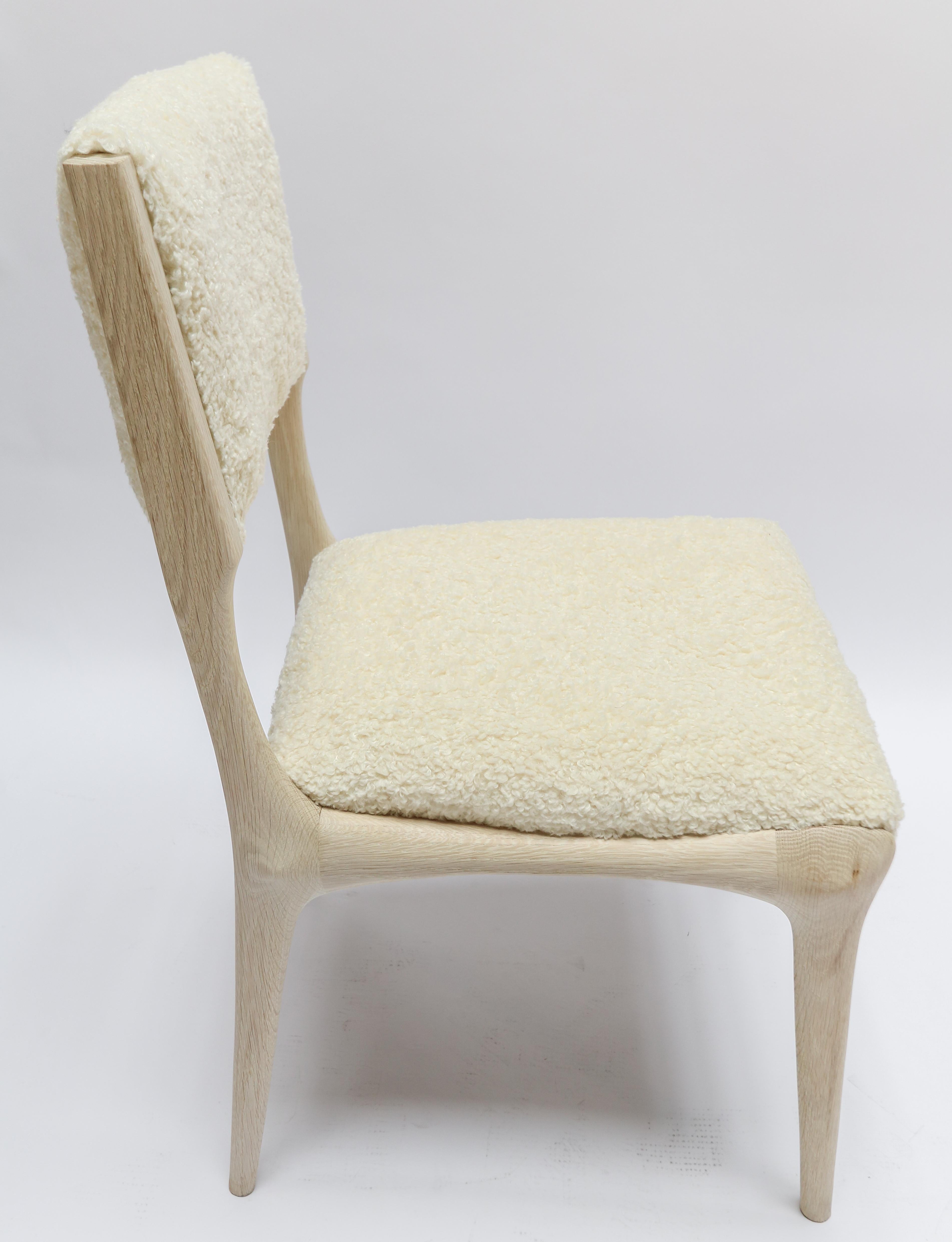 Custom Midcentury Style Oak Dining Chair in Ivory Bouclé For Sale 2