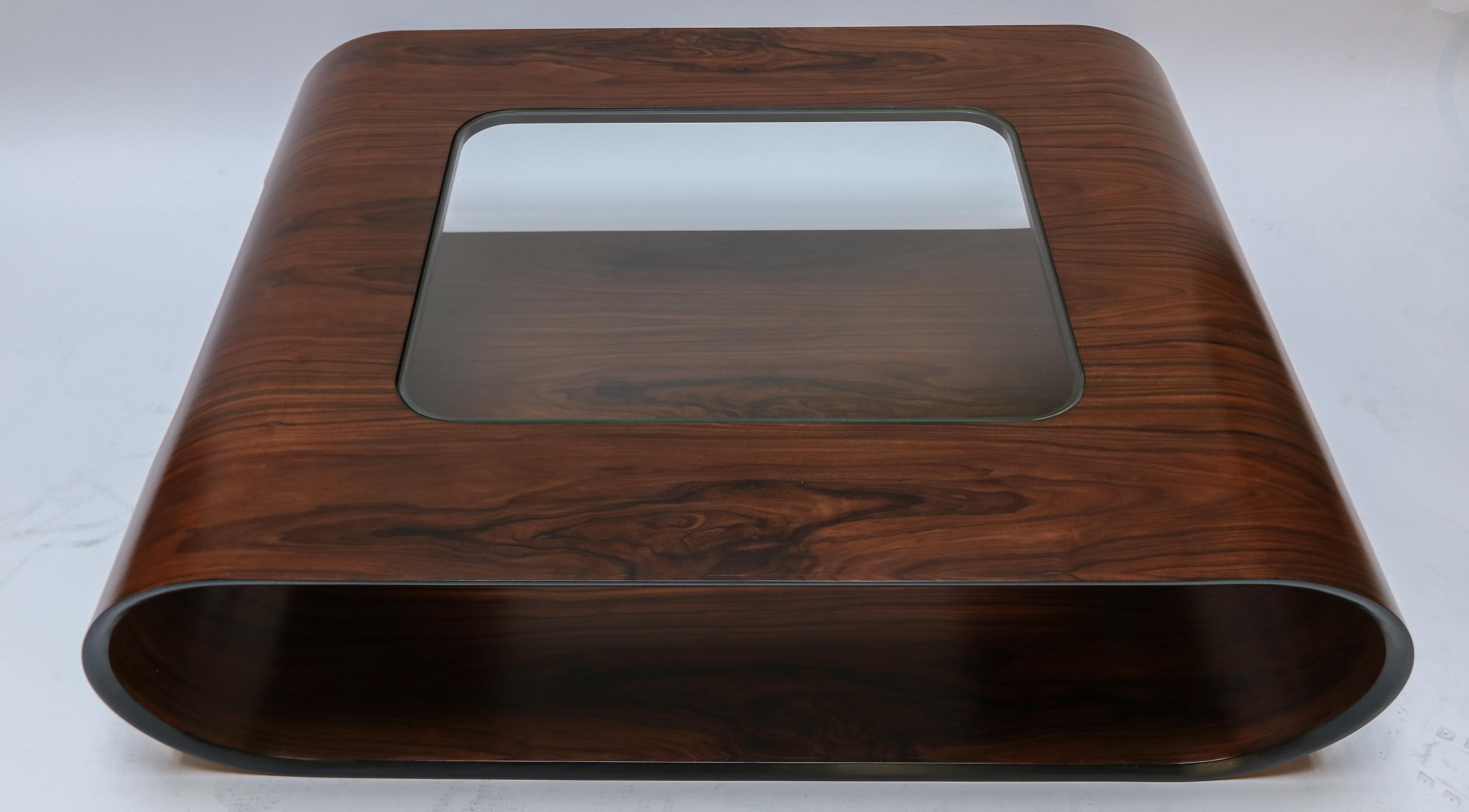 Contemporary Custom Midcentury Style Rosewood Coffee Table with Glass Top by Adesso Imports