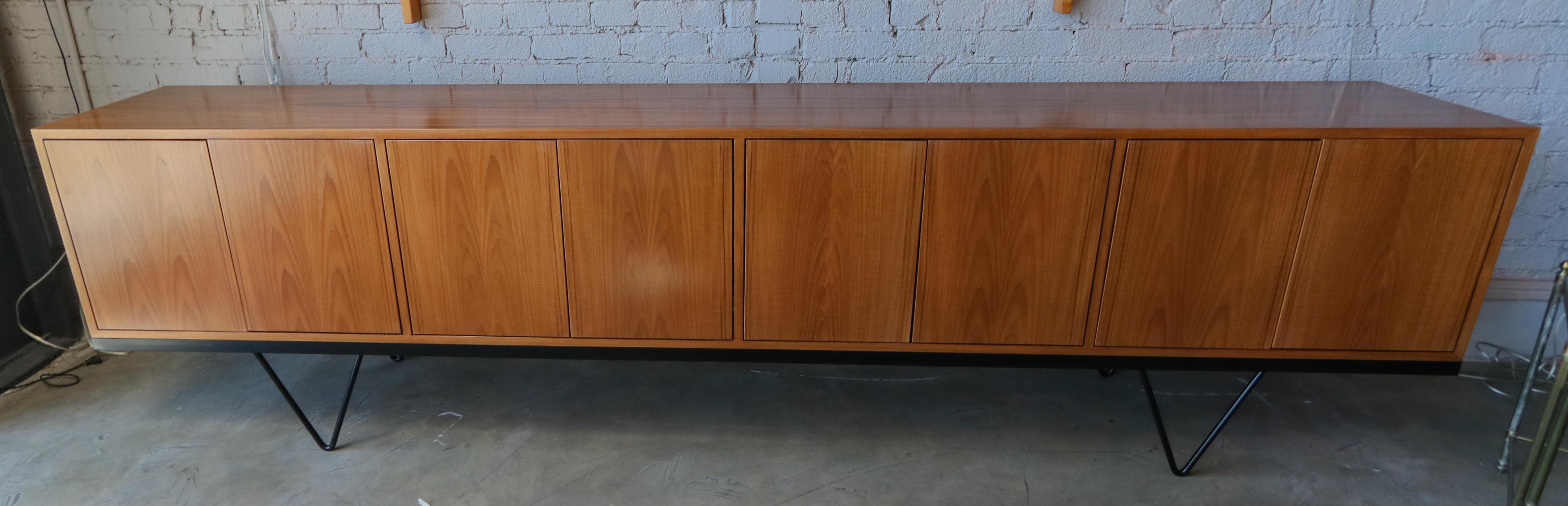 Mid-Century Modern Custom Midcentury Style Teak Sideboard with Black Metal Base by Adesso Imports For Sale